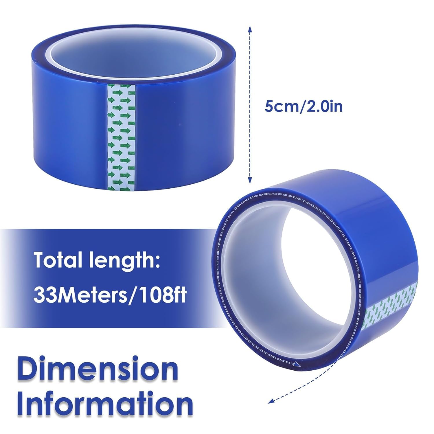 2 Rolls 50mm X 33m (108ft) Blue Heat Resistant Tape, High Temperature Heat Transfer Tape, Double Sided Heat Resistant Tape for Sublimation Press Electronic Soldering Insulation, No Residue