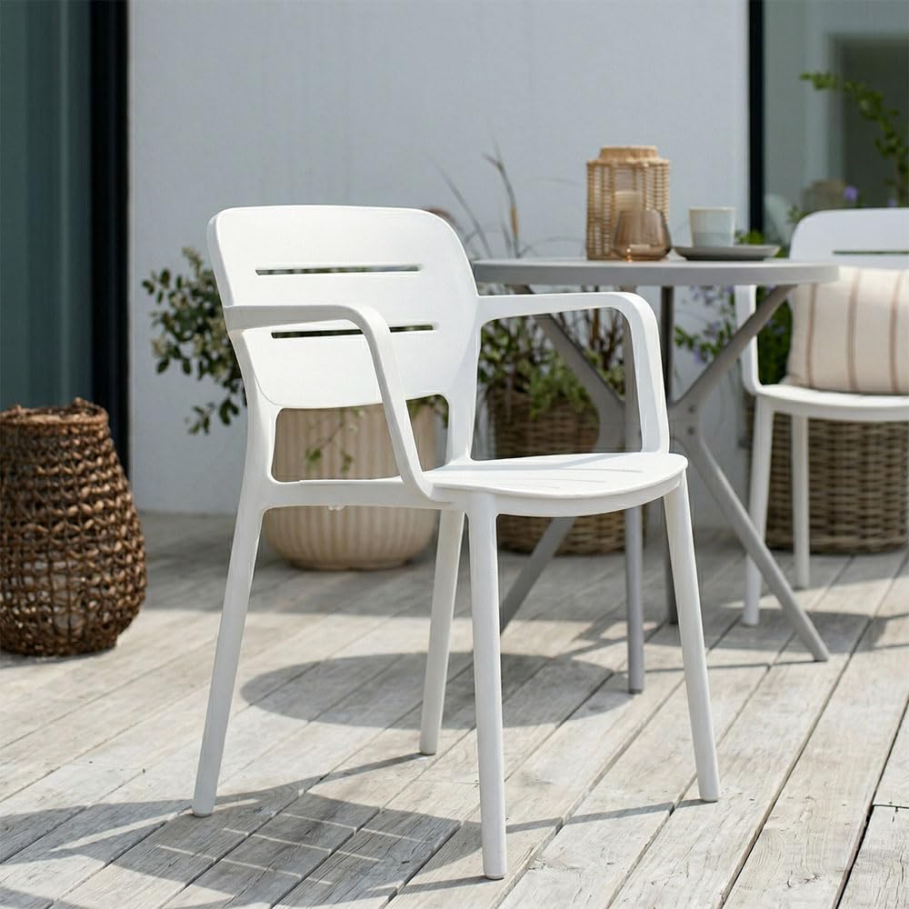 SIEDITI FUORI E DENTRO Sedie da esterno, giardino in resina con fibra di vetro impilabili, con braccioli, moderne Dora (4 sedie con braccioli, Bianco)