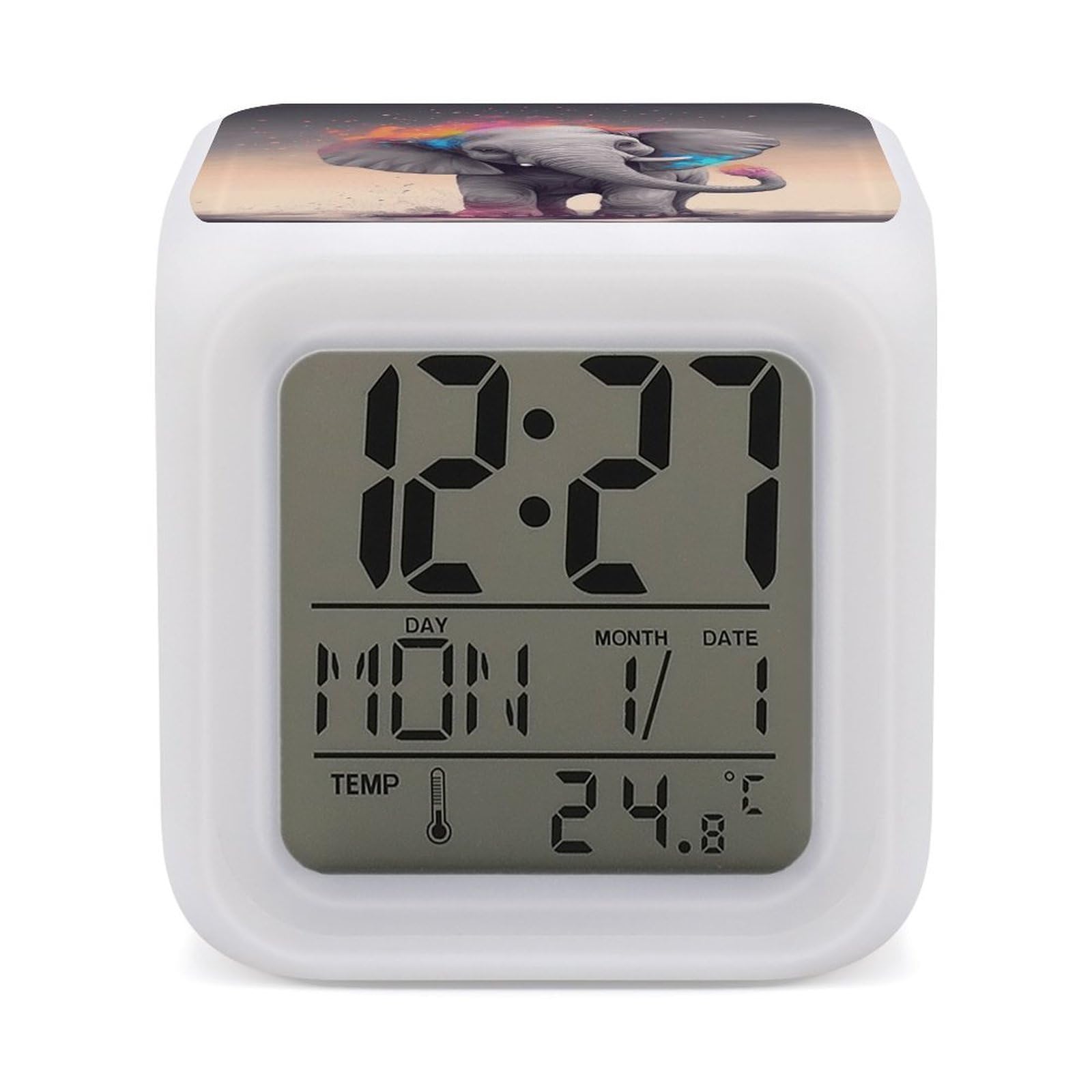 FekiLoot Animal Cartoon Elephant Alarm Clock with 7 Color Changing Night Light,Battery Operated Digital Clocks with Temperature Display Tiny Electric Clock LED Sleep Timer for Room Decor