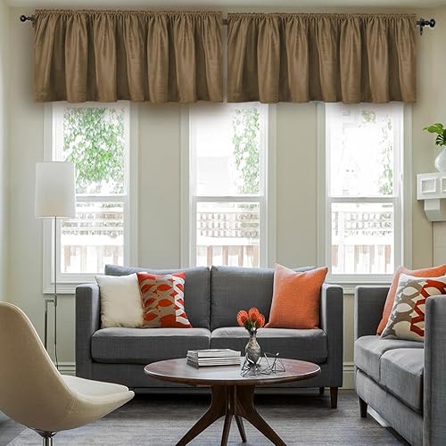 Cortinas cortas de terciopelo marrón para ventana de sótano para ventanas, paquete de 2 cortinas con bolsillo para barra, cenefas de cortina de