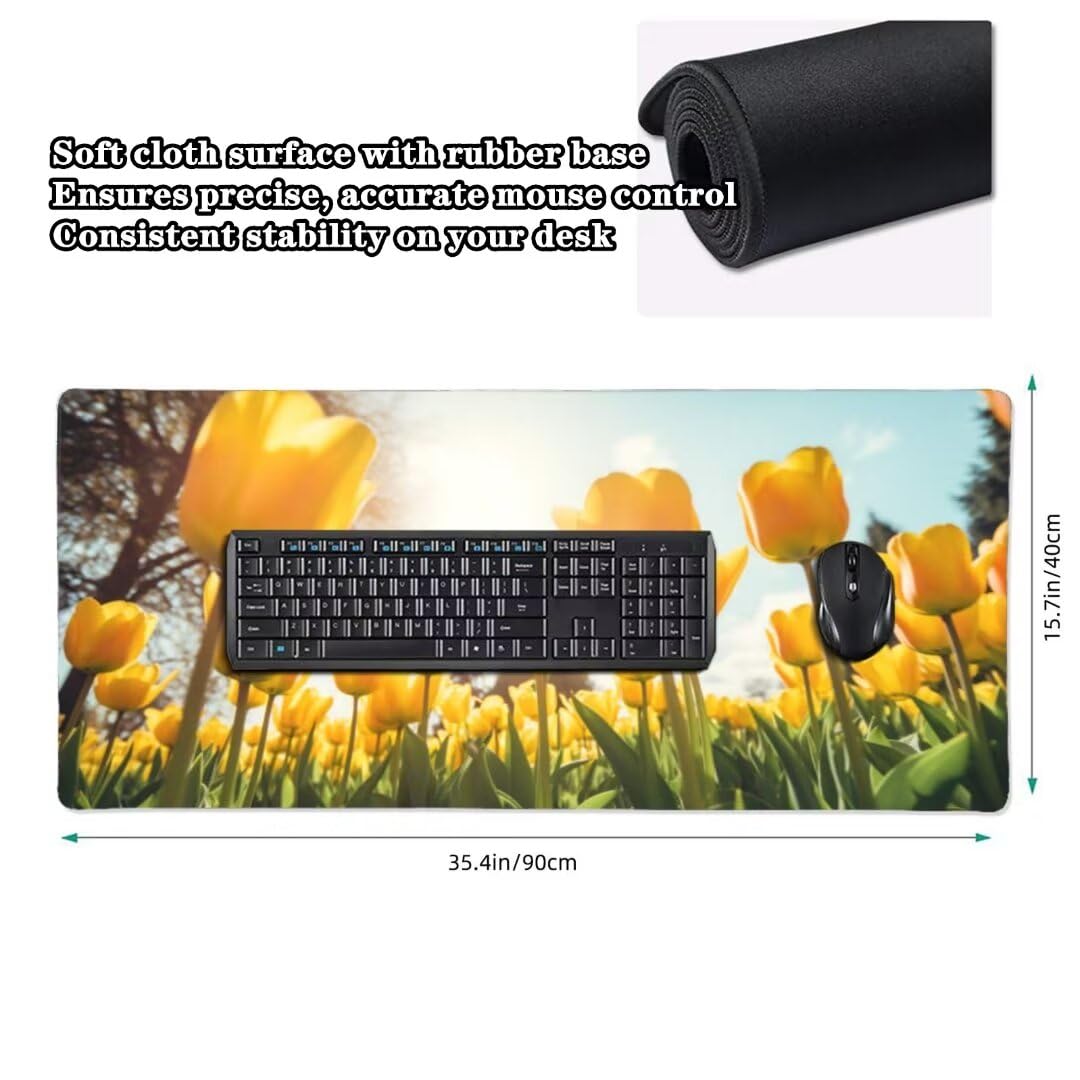 Żółta podkładka pod mysz 119 x 60 cm, wodoodporna i trwała tulipanowa podkładka pod mysz, bardzo duża podkładka pod mysz, podkładka na biurko, antypoślizgowa gumowa podstawa gamingowa podkładka pod