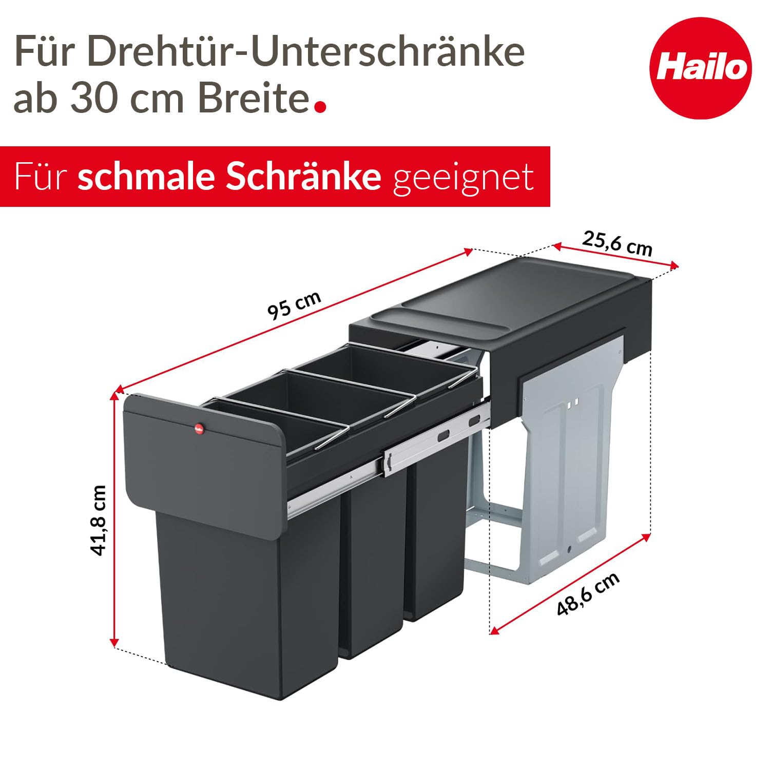 Hailo EcoLine Design Trio L Einbau-Mülltrennungs-System 3x10 Liter - Trio-Mülleimer mit Vollauszug - Stahlblech - schwarz - ab 30 cm Schrankbreite