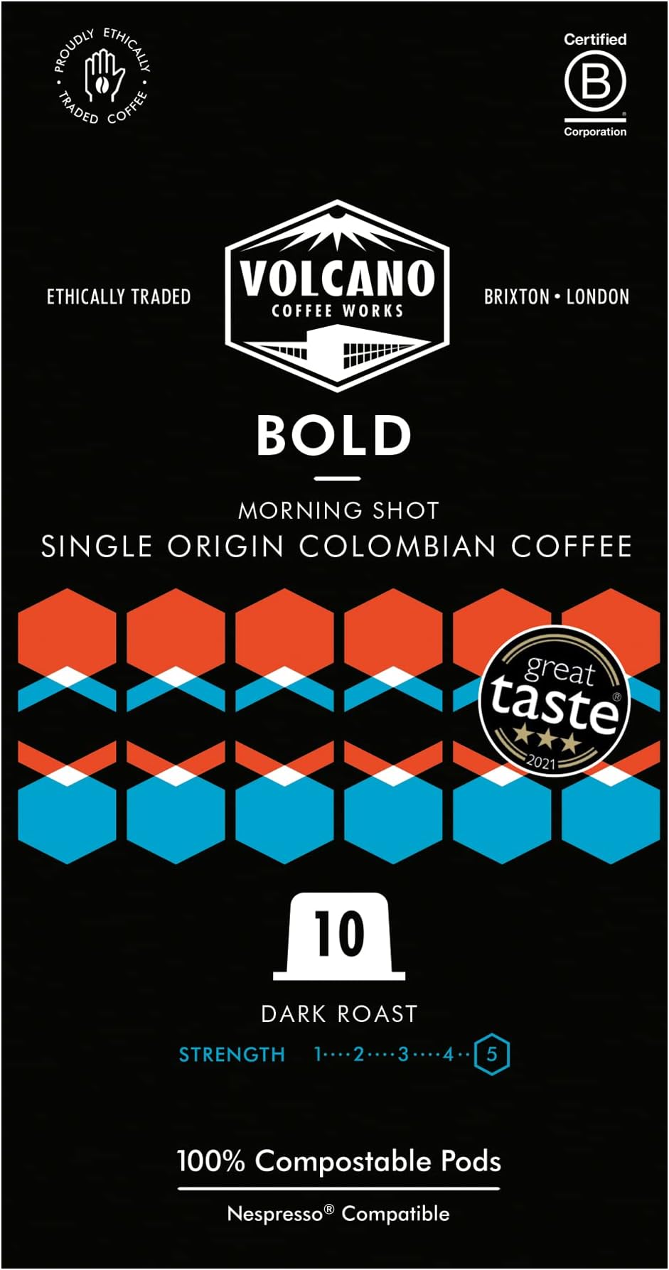 Volcano Coffee Works | Bold Morning Shot | Nespresso Compatible Eco Coffee Pods | 100% Compostable Capsules | Carbon Neutral | Colombian Origin | 10 Pack