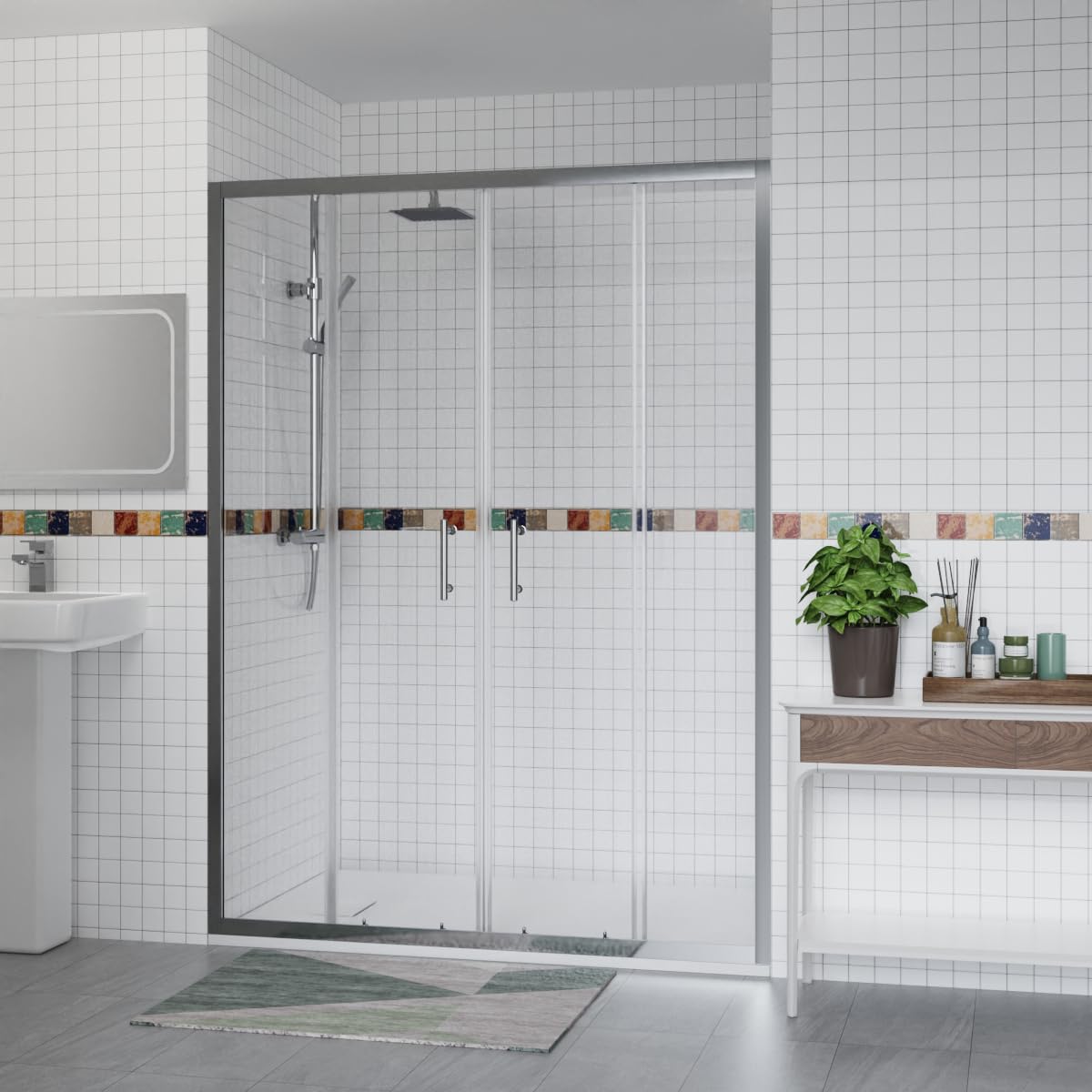 Aquariss 1500x700mm Sliding Shower Enclosure Chrome with Shower Tray