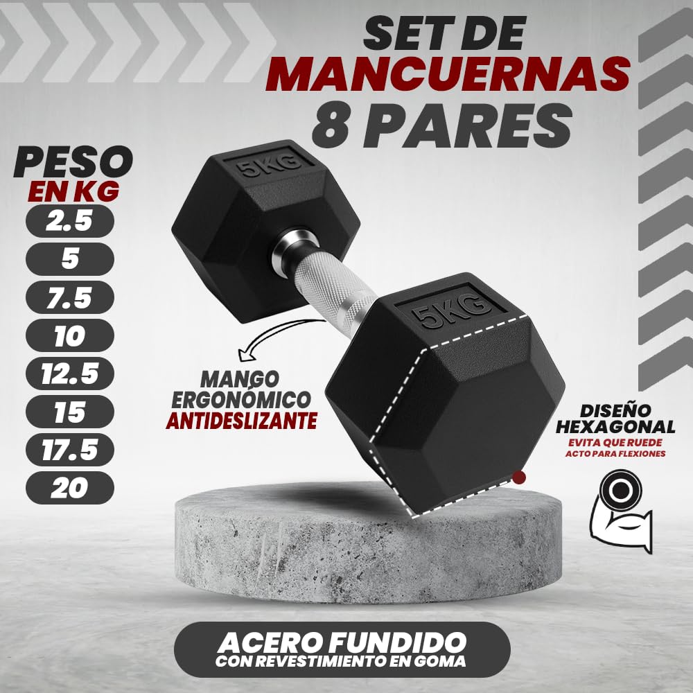 Set de Mancuernas Hexagonales de Cross Training Viok Sport 2,5-20kg - Acero y Caucho para Ejercicios de Musculación en Casa o Gimnasio