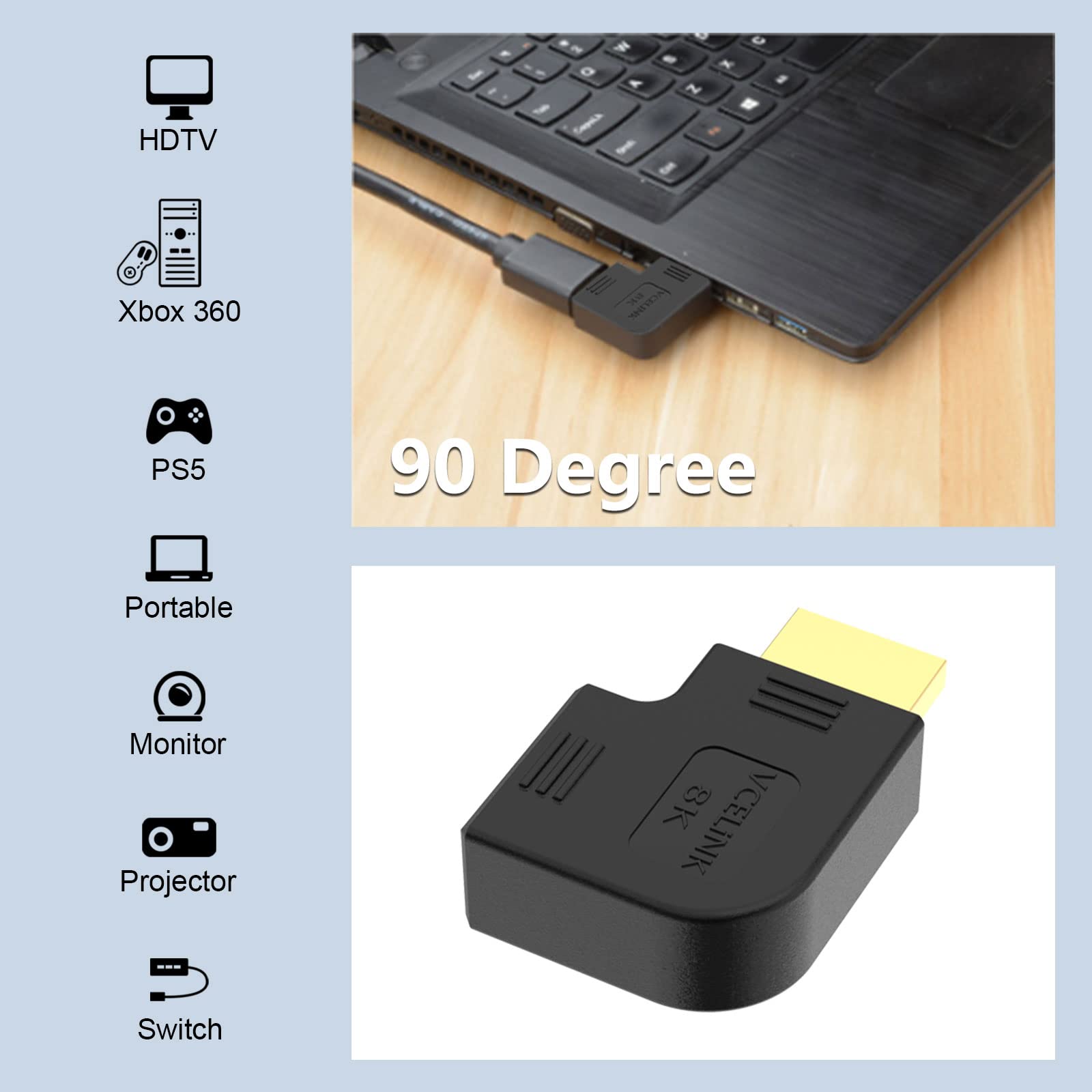 VCELINK 8K HDMI Winkeladapter 90 Grad – Für Enges Platz Hinter TV, PS5, Laptop, Inkl. 18 Monate Garantie