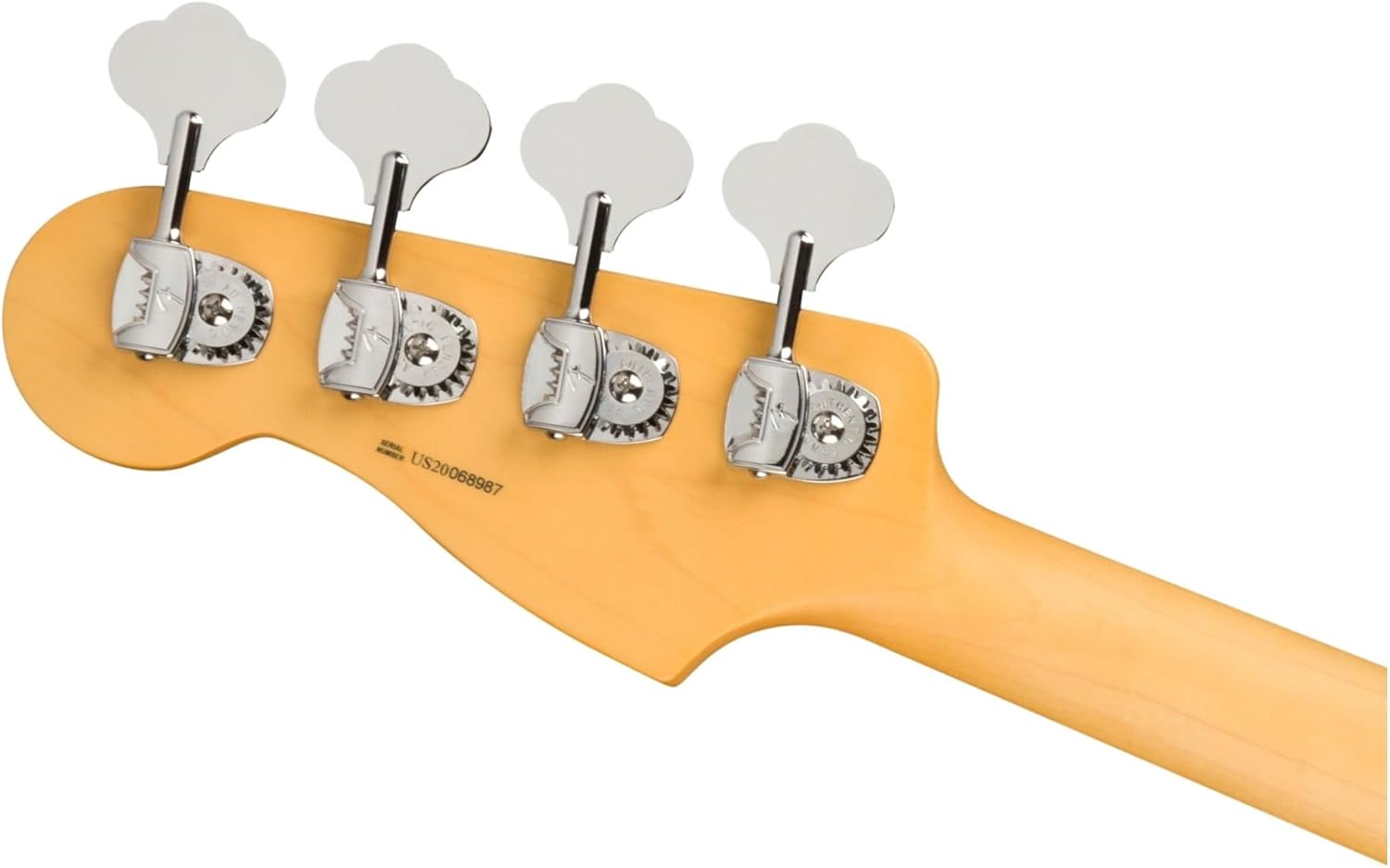 Close-up of the Fender Precision Bass headstock with tuning machines