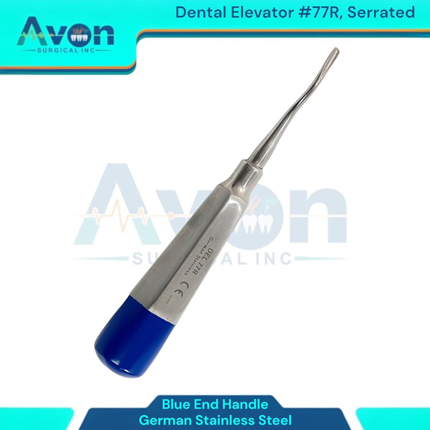 No. 77R Dental Root Elevator, Single-Ended Slightly Offset Pick, Hollow Handle Blue, Autoclave-Safe German Stainless Steel - Pack of 5pcs