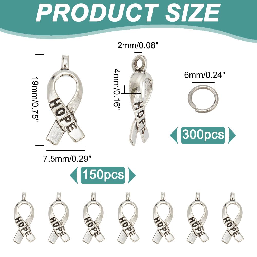 HOBBIESAY 150Pcs Antique Silver Hope Ribbon Pendant 19mm Tibetan Style Hope Ribbon Charms with 300Pcs Jump Rings Alloy Ribbon Dangle Pendants for Bracelet Necklace Earrings Making Hole: 2mm - Image 2