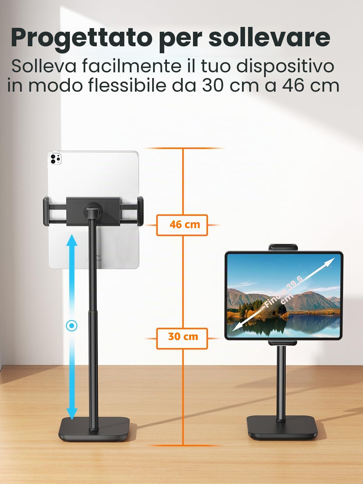 tounee Monitor portatile e supporto per tablet, capacità di carico 2 kg, altezza regolabile fino a 18,11", ideale per dispositivi da 4,7" a 16" (monitor portatili da 15,6", iPad, iPhone, Kindle)-Nero