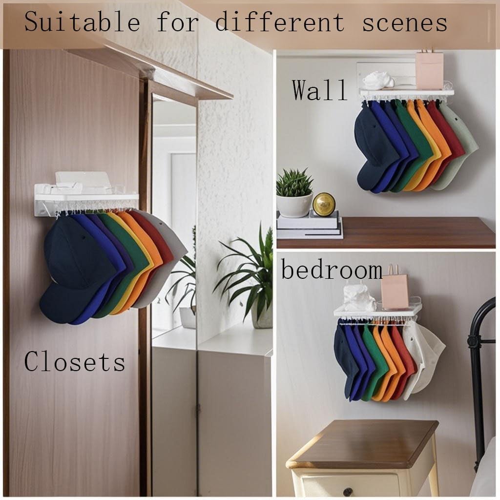 MAGTSMEI Multi-functional Baseball Hat Rack for Wall,Hat Organizer for Baseball Caps with Shelf,Over Door Hat Storage Holder Up to 16 Hats for Closet-Clear