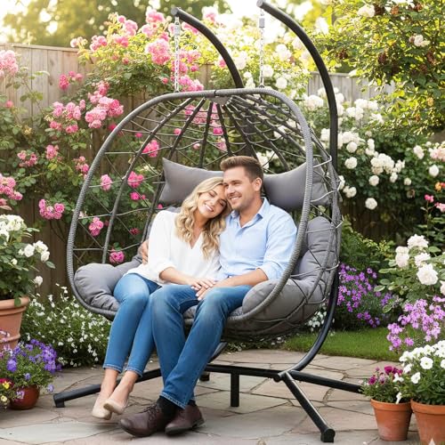 Double Egg Chair with Stand, Indoor Outdoor Loveseat Hammock Swing Chair,Wicker Chair with Foldable Basket & Thick UV-Resistant Cushions, 700 LBS Capacity for Patio, Bedroom, Garden,Light Grey