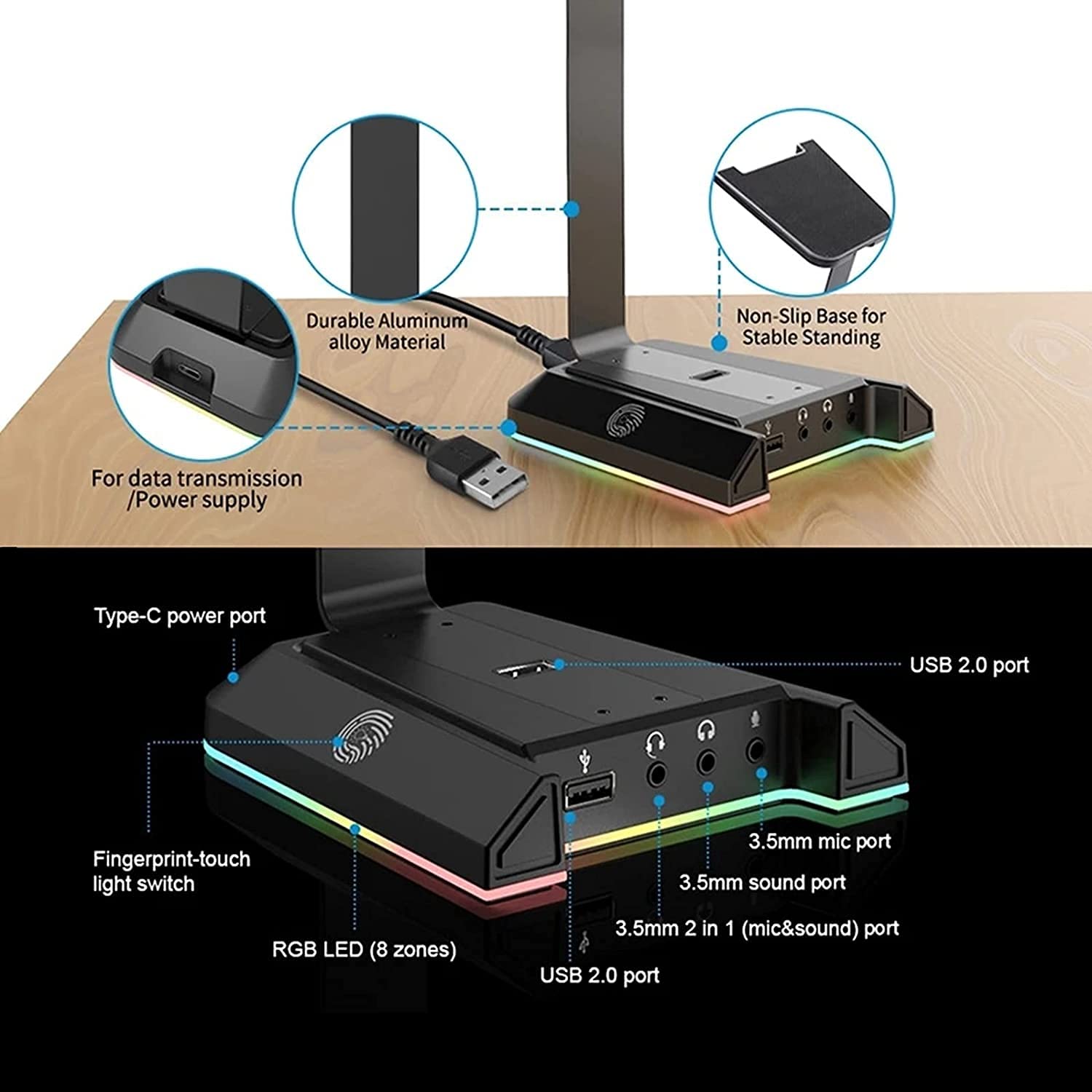 RGB Headphone Stand Gaming Headset Holder with 7.1 Surround/2 USB and 3.5mm Ports Sturdy Stable Compatible with All Standard Sized Headsets