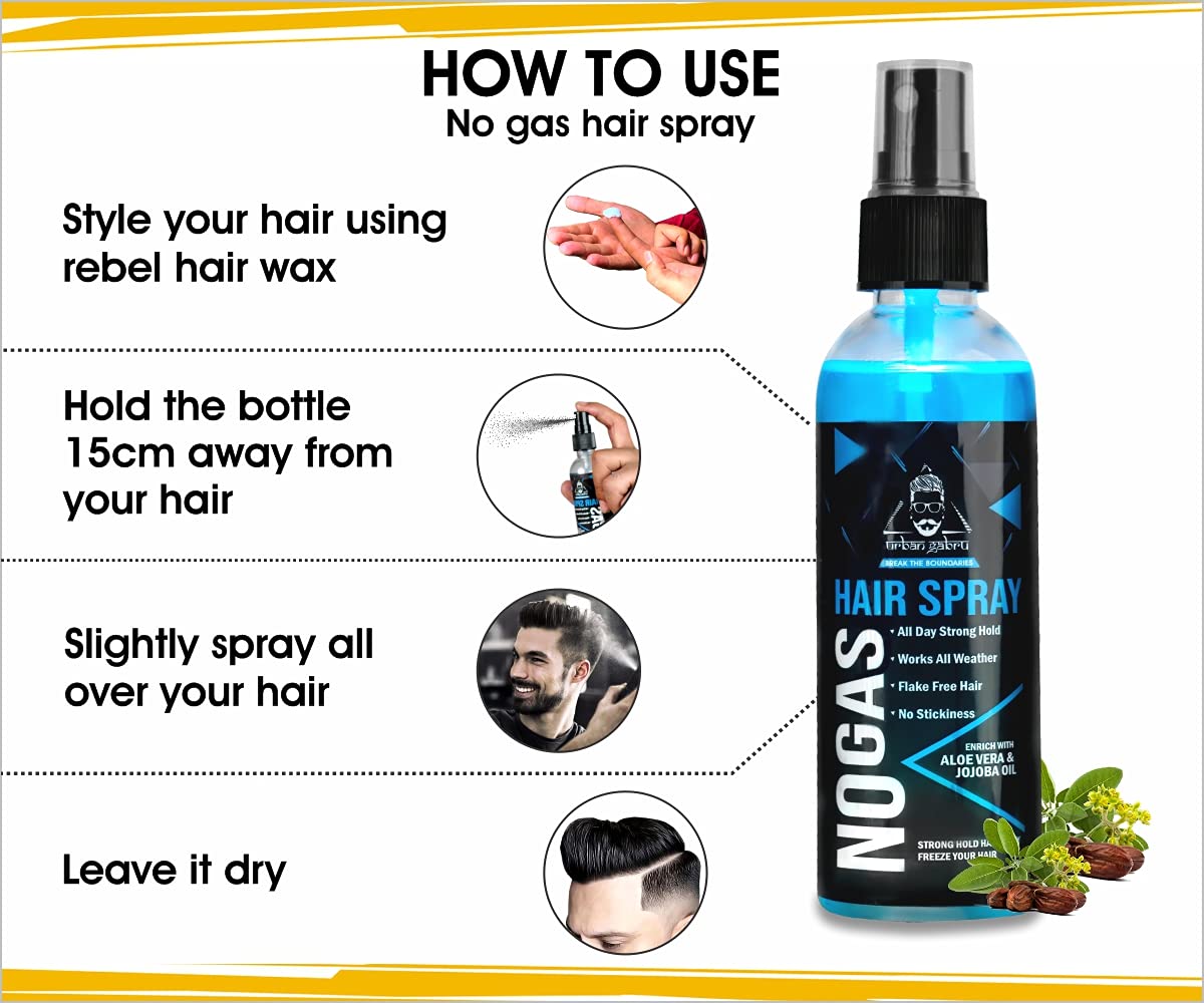 Urbangabru Combo Hair Styling Kit - Rebel Hair Styling Clay Wax (85 Gram) for 100 Times Re-Styleable and Unlimitied Strong Hold No Gas Hair Spray (100 ml) - Image 6 thumbnail