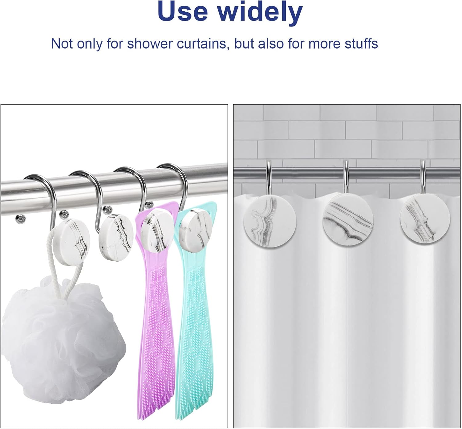 CandyGrid Shower Curtain Hooks Decorative, White Shower Curtain Hooks Rust Proof, Set of 12 Stainless Steel Shower Curtain Hooks Rings, Shower Curtain Hangers for Bathroom Curtains Rods (White Marble) : Home & Kitchen