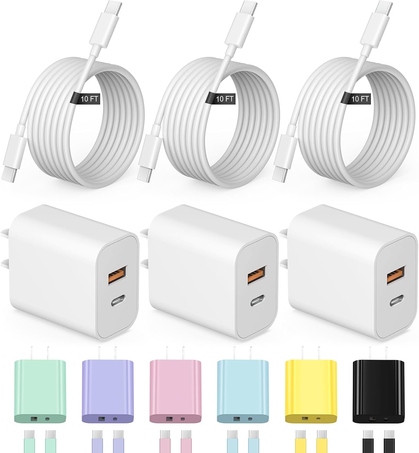 iPhone 17 16 15 Charger Fast Charging 10FT Long USB C Charger Cable with 20W Dual Port Block - Type C Charging Cable Compatible with iPhone 17/17 Pro/17 Pro Max/17 Air, 16/16e, 15, 3 Pack (White)