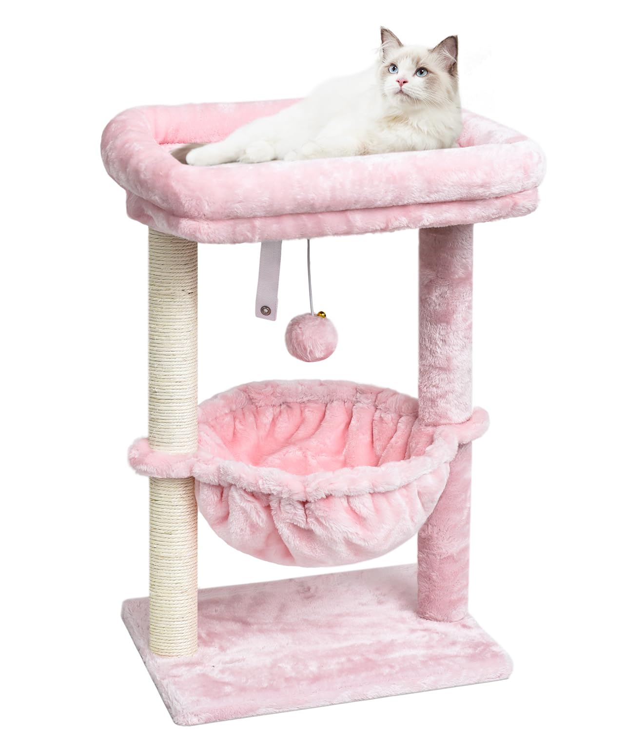 SYANDLVY Small Cat Tree for Indoor Cats, Activity Cat Tower with Scratching Post for Kittens, Modern Cat Furniture with Basket & Hanging Ball for Play Rest, Pink