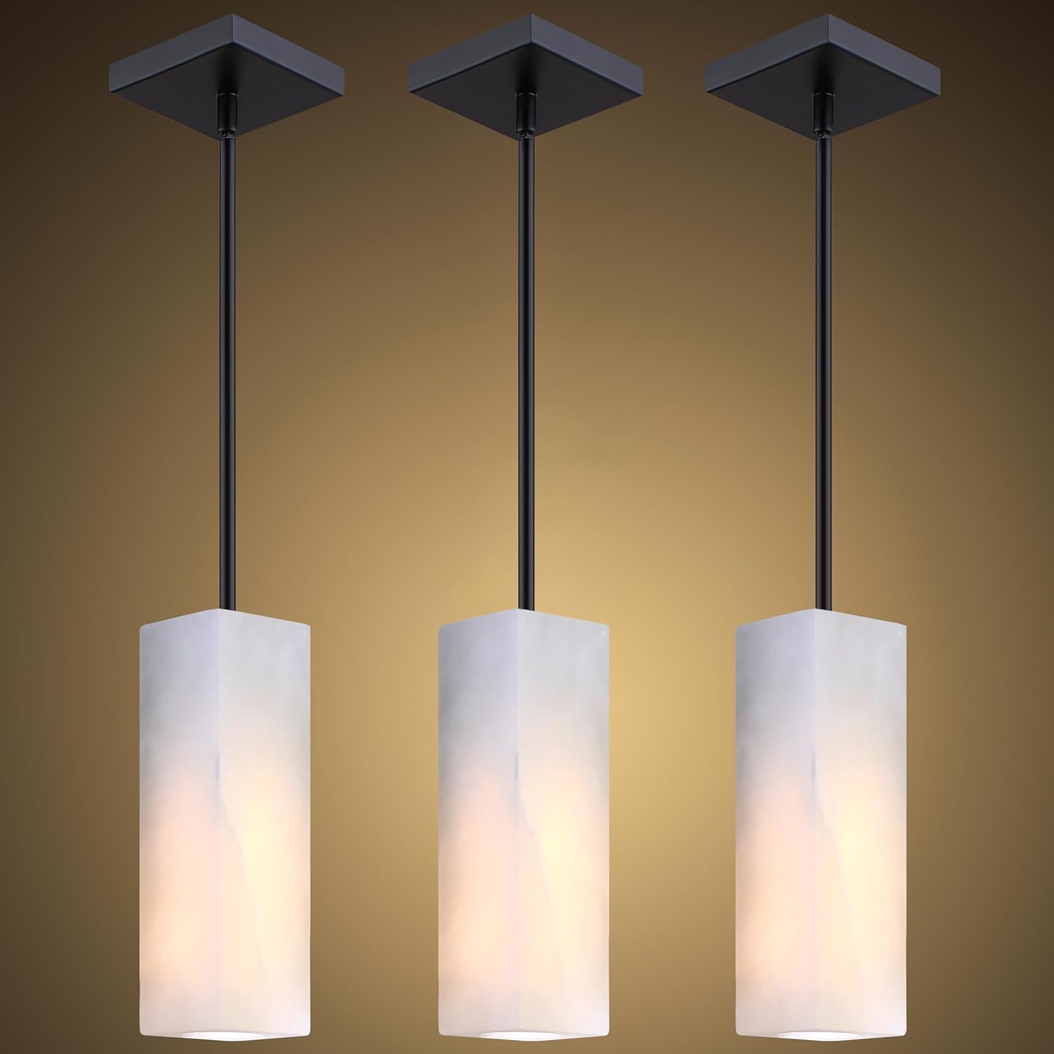 Natural Alabaster Square Marble Hanging Kitchen Island Modern Industrial Farmhouse Pendant Ceiling Light Fixtures,3 Pack Black Finish Over Sink Restaurant bar Corridor