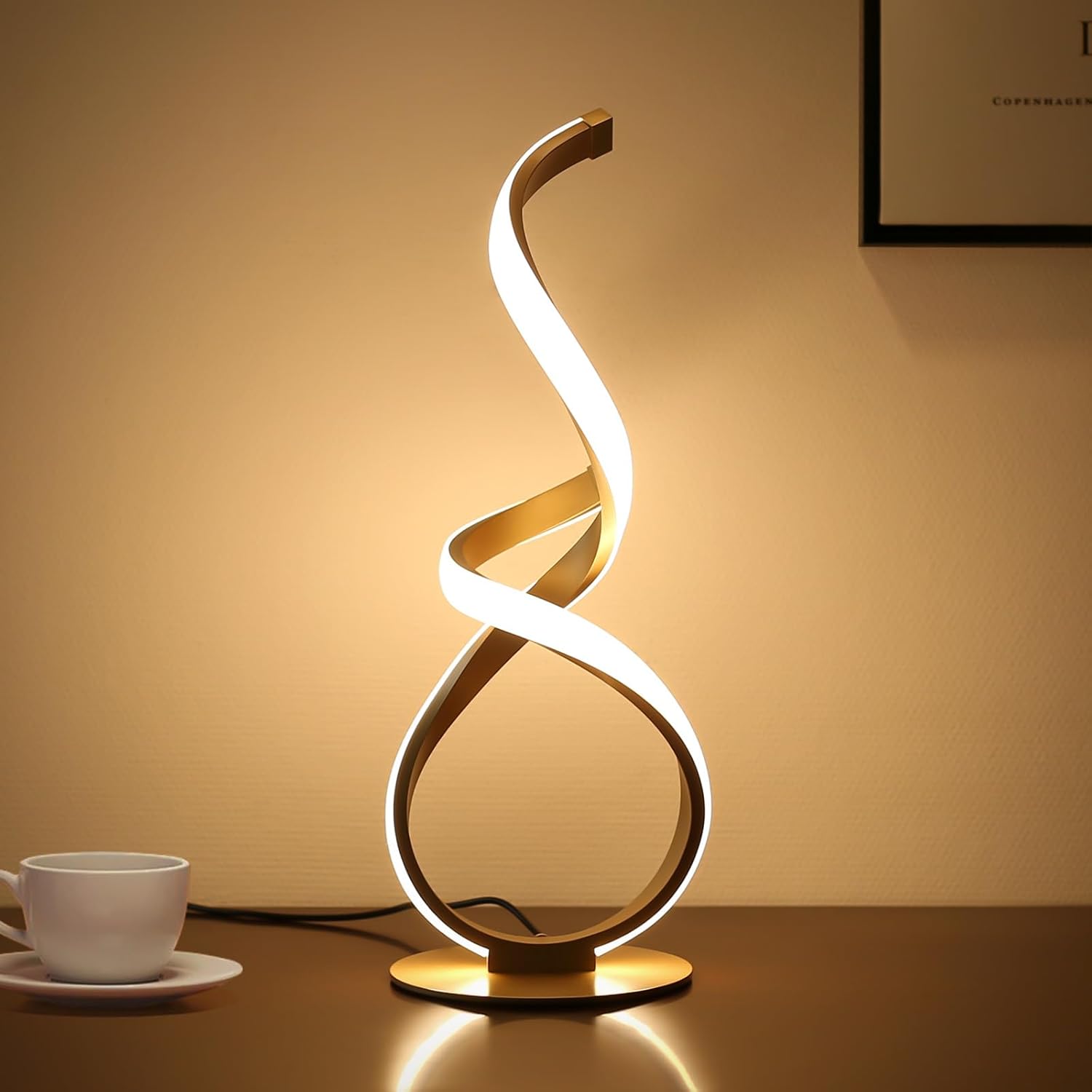 Bedside Table Lamp, LED Touch Dimmable Spiral Desk Lamp for Night Stands, 3 Color Temperature Modern Nightstand Light, Unique Side Light for Living Room, Bedroom, Gold