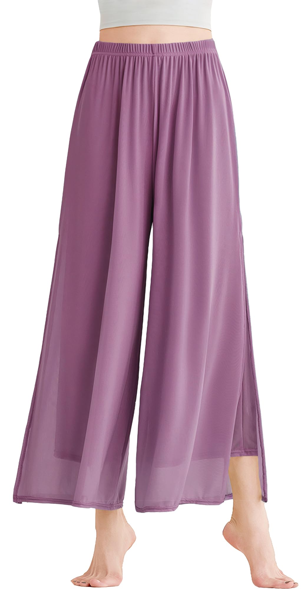SEAUR Pantalones palazzo fluidos para mujer con abertura lateral, cintura elástica para baile lírico, disfraz clásico contemporáneo