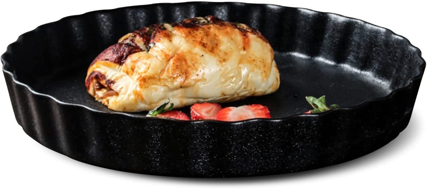 Fuente para lasaña Grande y Profunda, Fuente Grande para Horno, Fuente Redonda para Pizza de cerámica para Horno, Fuente Grande para Tartas, Color Negro, 27 x 27 x 4 cm, 10,5 Pulgadas