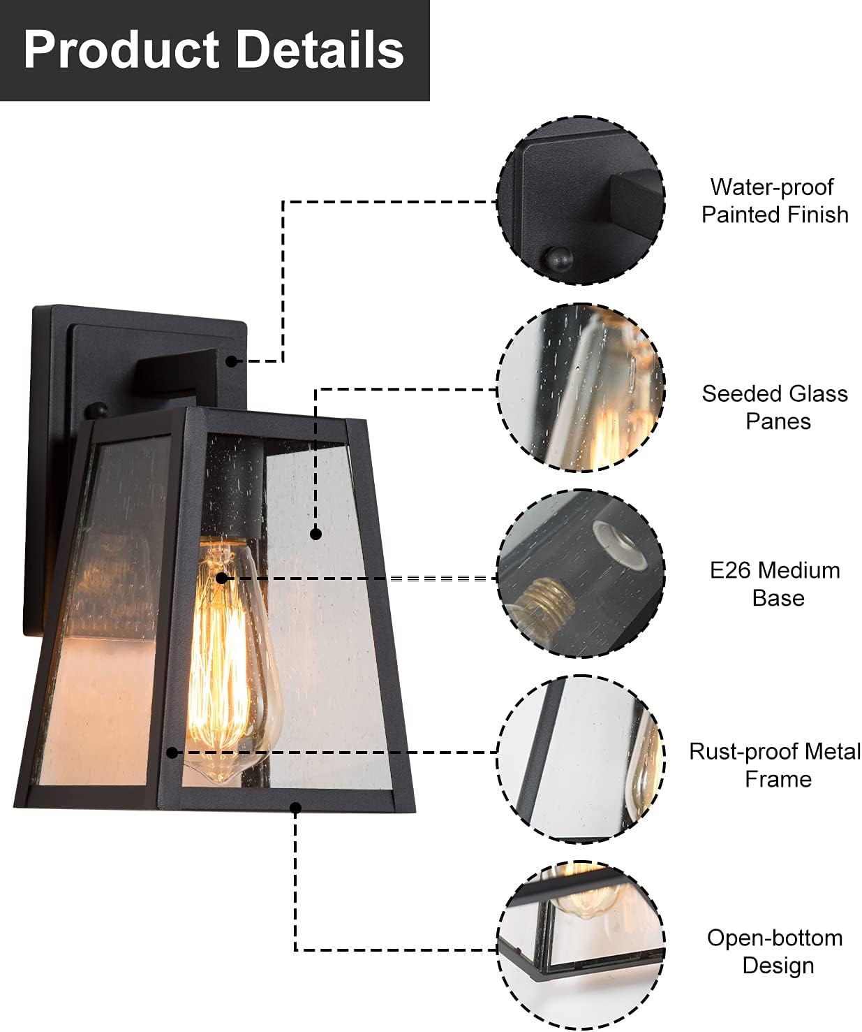 LNC Outdoor Wall Lantern, Seeded Glass Outside Wall Light, Sanded Black Finish with Max 60W E26 Base, Weather-Proof Exterior Light Fixture Wall Mount for Porch, Yards, Front Door, Garage