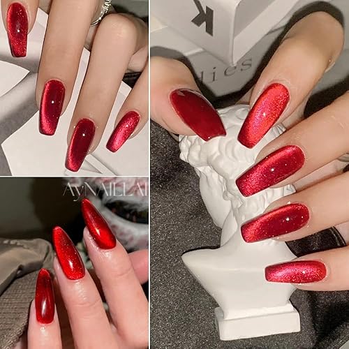 Miniatura 8 de Esmalte de uñas de gel Cat Eye (rojo vino/rojo burdeos), 0.34 onzas líquidas (paquete de 1) A01 - Rojo oscuro y rojo oscuro,A02-Rojo oscuro y verde
