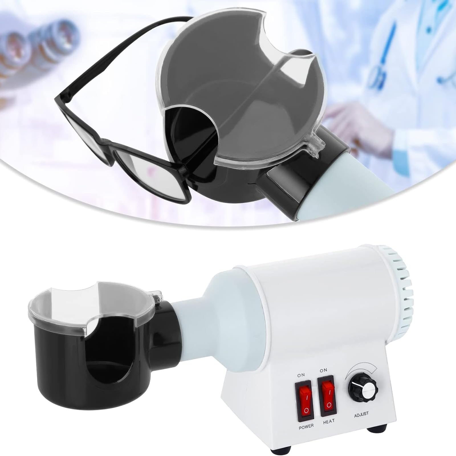 ERICATOptical Glasses Frame Heater, Eyeglasses Frame Warmer with Wind Collecting Hood, Constant Temperature Control and Fast Heating, Low-Noise Design and High Security, for Industries and Shop