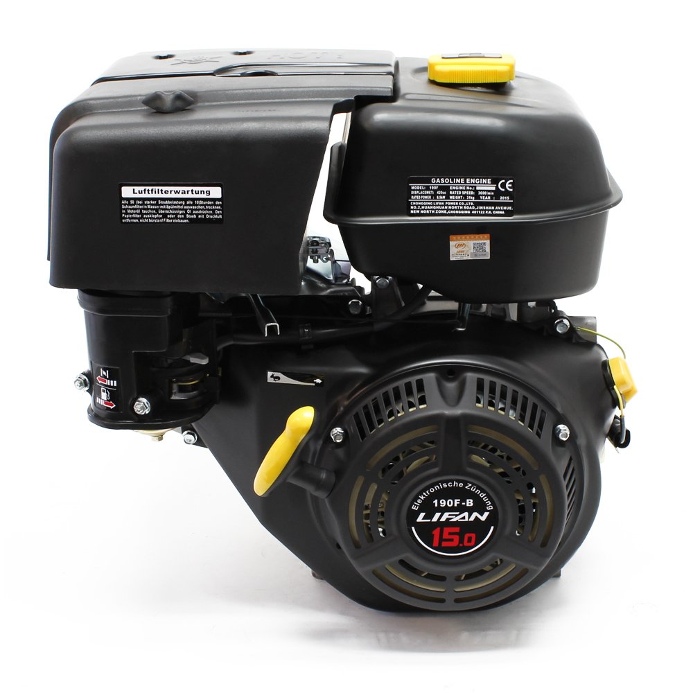 LIFAN 190 Handstart Benzinmotor mit 15 PS (10 kW) Einzylinder für Kleinmaschinen & Karts, luftgekühlter 4-Takt Motor mit 25 mm Kurbelwelle und OHV-Ventilsteuerung