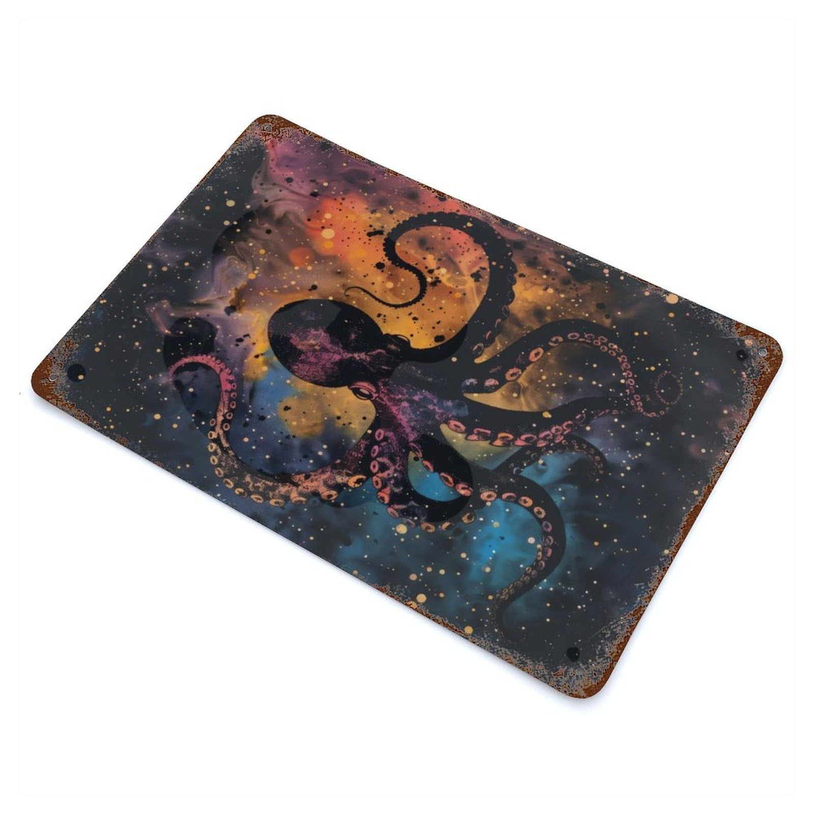 Garage Style Octopus Silhouette Galaxy Rust Effect Tin Sign 11.8"x7.9", Industrial Home Decor for Bar And Workshop