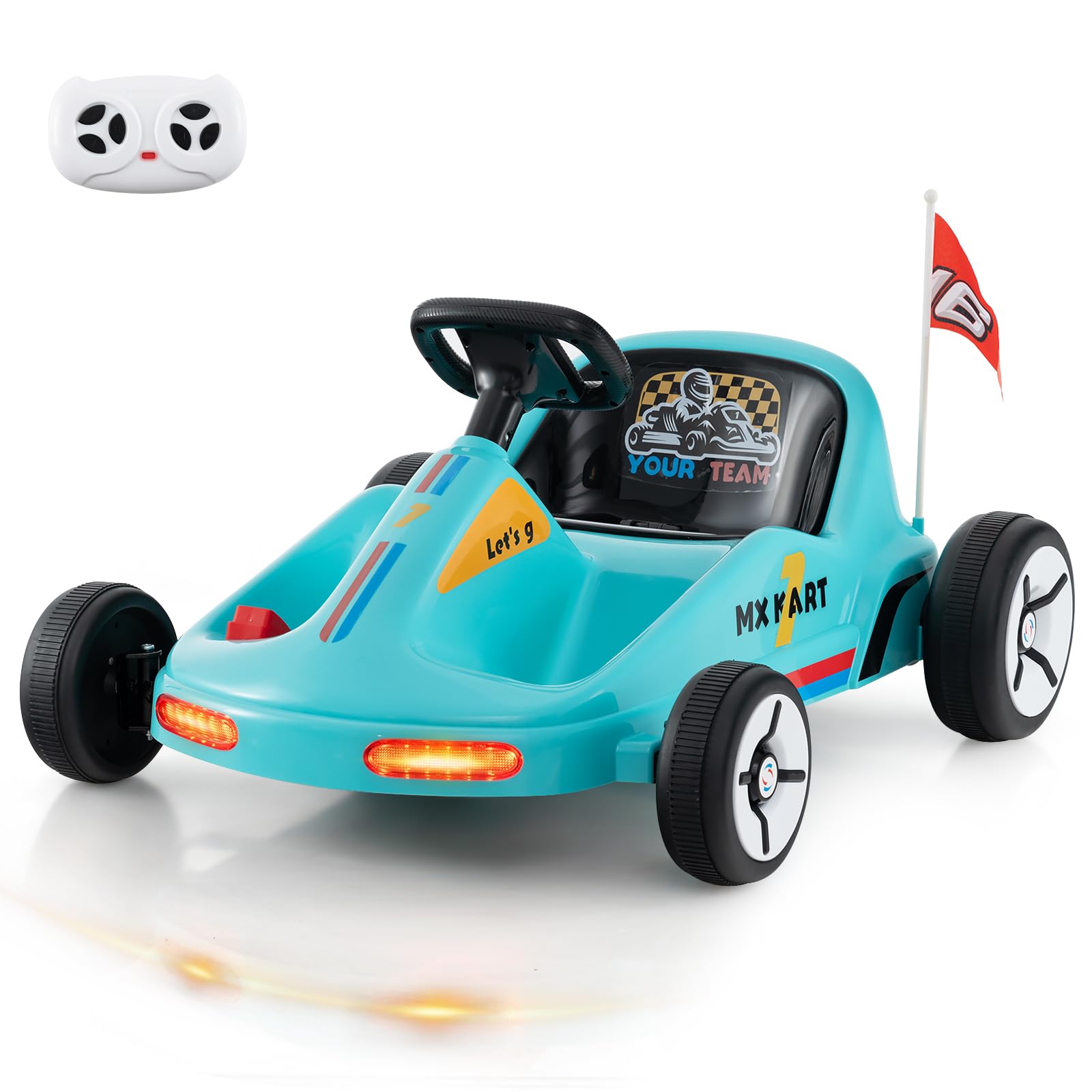COSTWAY Kids Electric Go Kart, 12V Battery Powered Ride on Racing Toy Car with Remote Control, LED Lights, Music, Wireless Connection, 3 Speeds Pedal Kart for Boys Girls Aged 3+ (Blue)