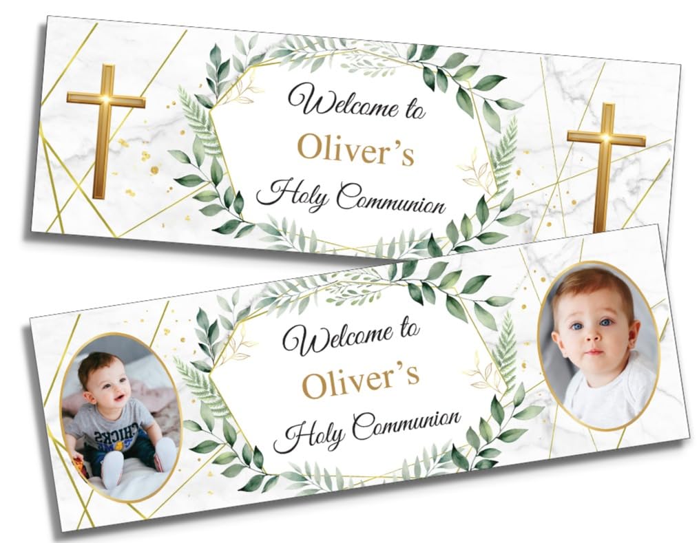 3ft x 2 Personalised First Holy Communion Decorations Cross Party Banners Hanging Bunting Botanical Leaf PrintPhoto Large Banner Baptism Naming Day Confirmation
