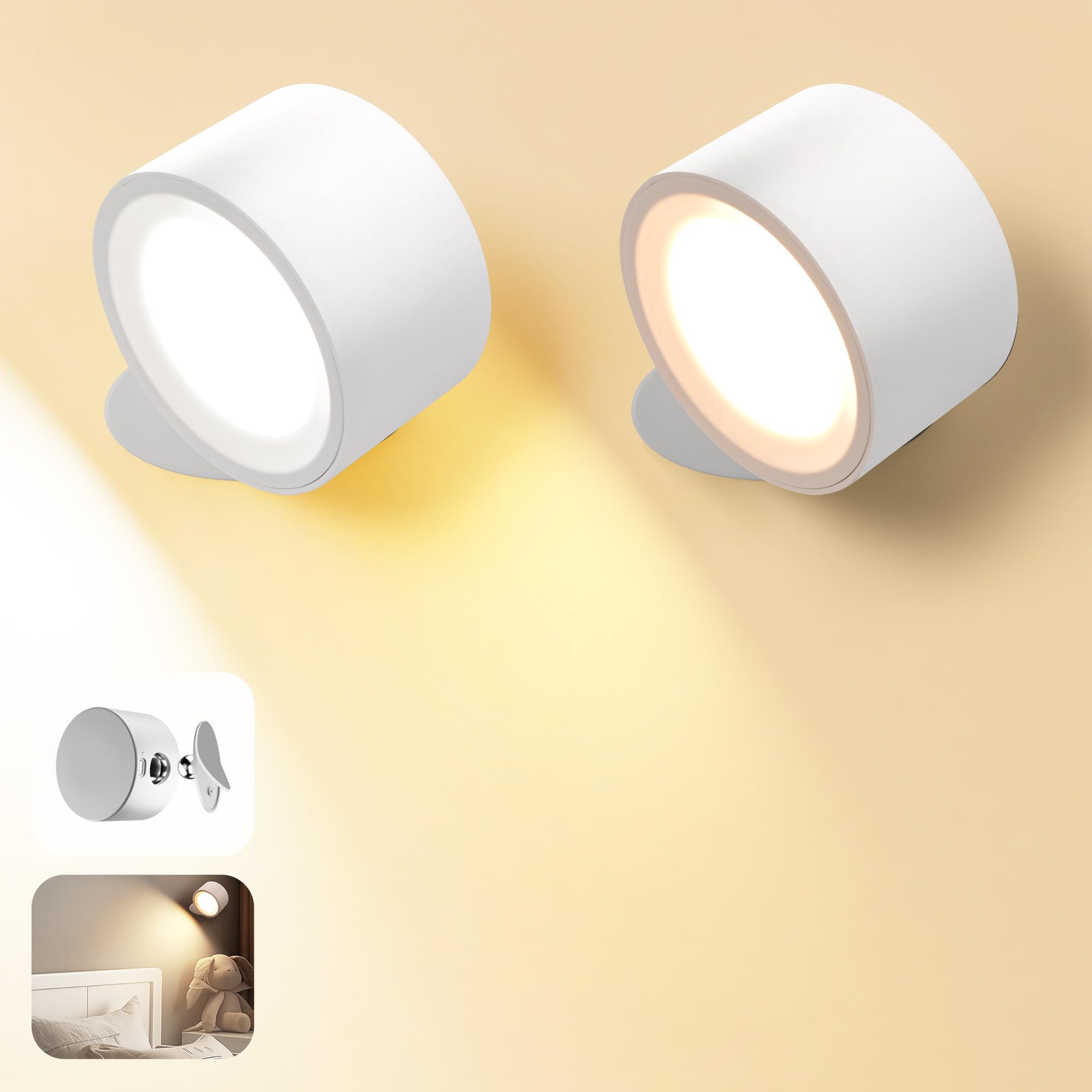 Wall Mounted Lamp LED Wall Lights with Rechargeable Battery Operated 3 Color Temperatures 3 Brightness Levels 360 Rotate