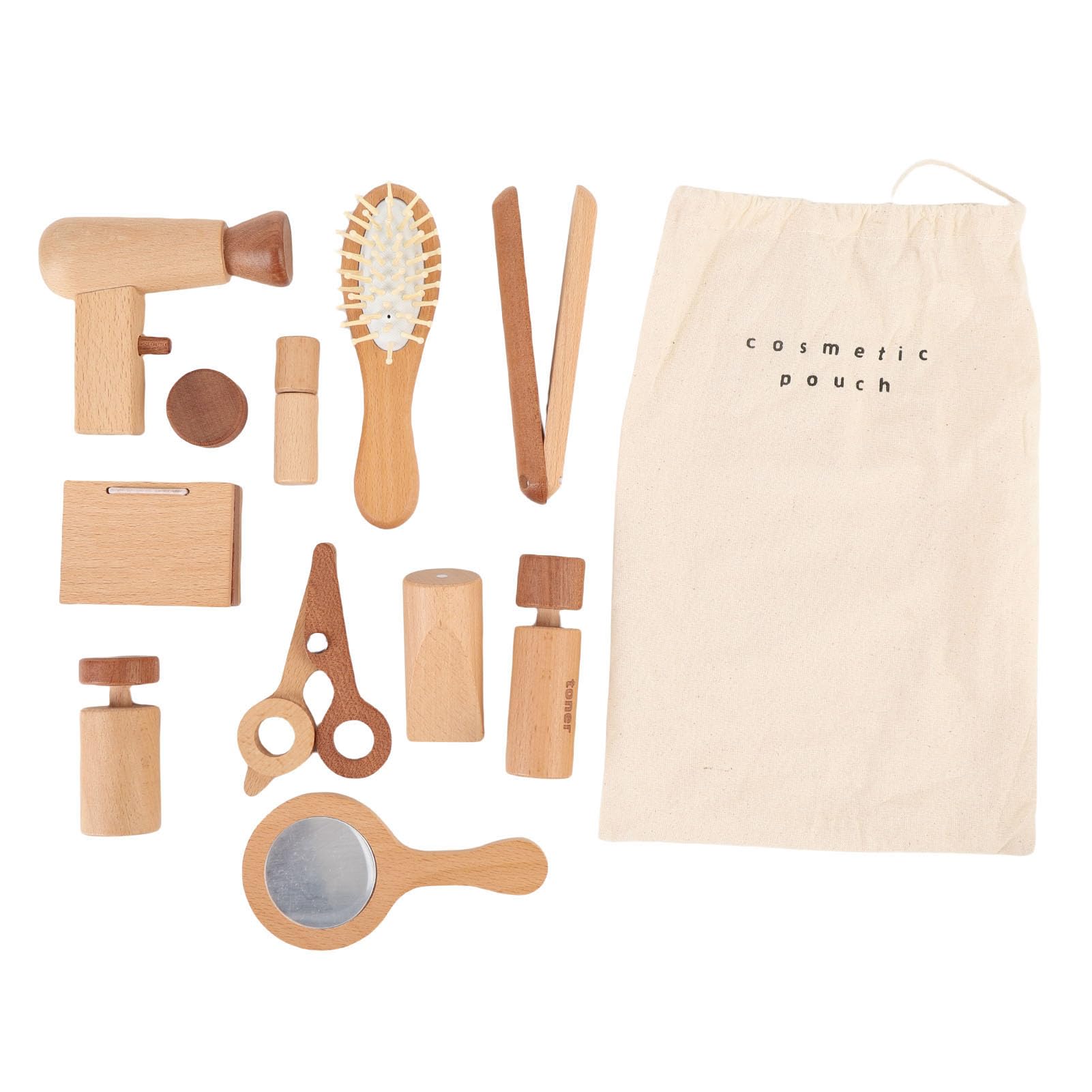 Juego de 11 juguetes de maquillaje de madera para juegos de rol creativos, bonito salón de belleza, con secador de pelo, espejo y accesorios para niñas