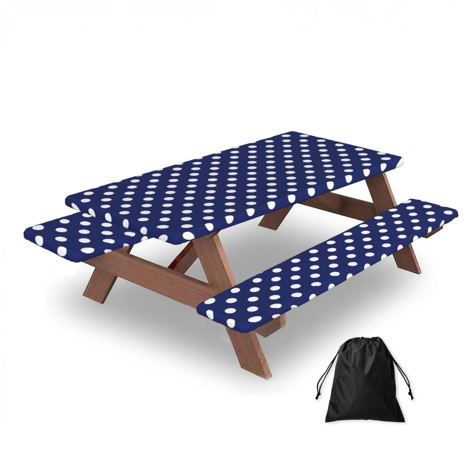 Dopklna As Picture Polka Dot Navy Pattern, Picnic Table Cover With Bench Covers -Waterproof Elastic Fitted Tablecloth For Garden Camping Patio 76X152cm