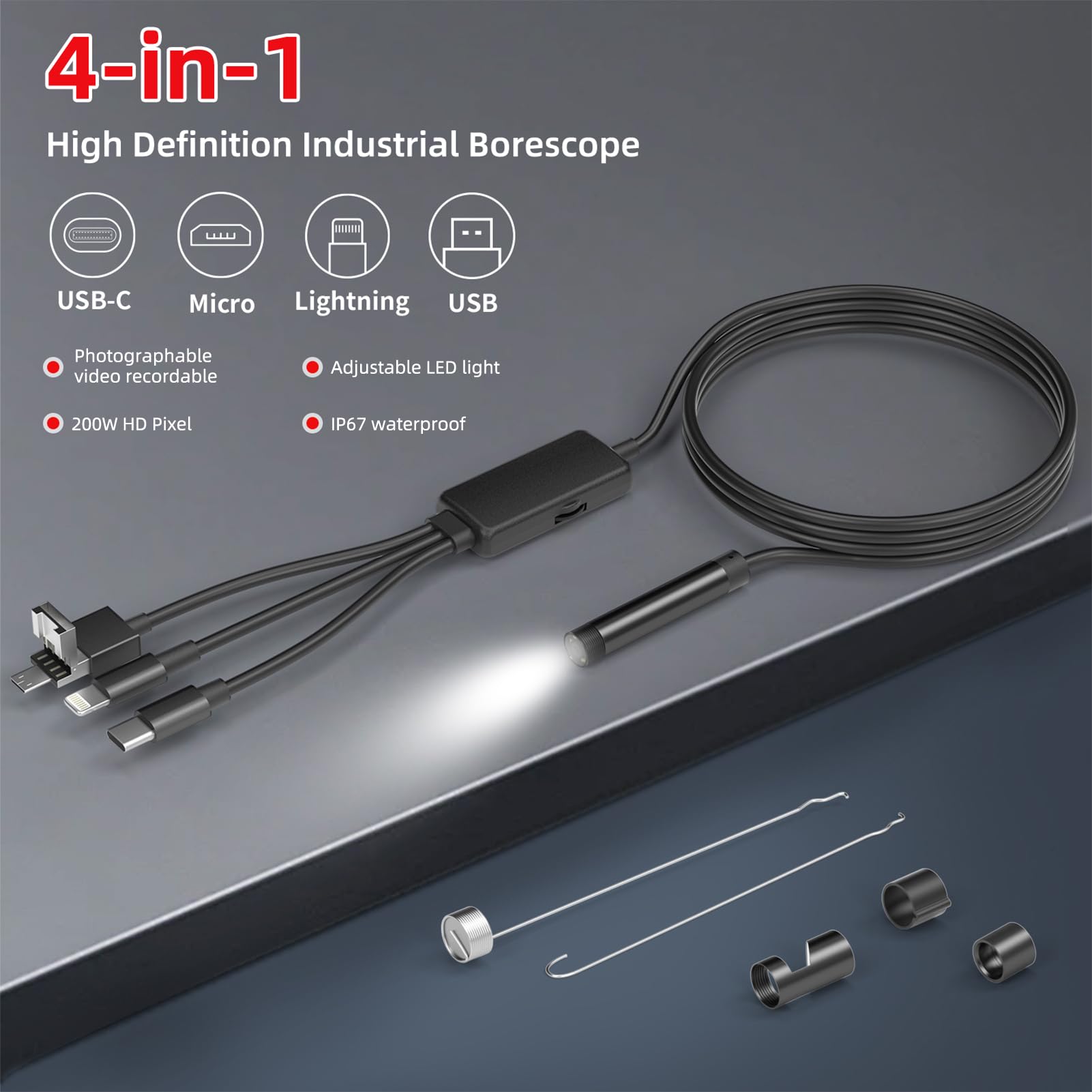Endoscope 1080P 2m IP67 – Caméra D'Inspection Étanche Avec 6 LED, Compatible IPhone/Android OTG, Pour Plomberie & Mécanique