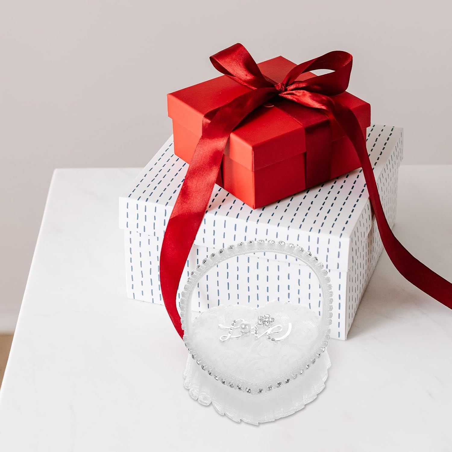 Zerodeko Heart Shape Wedding Ring Pillow Bearer Pillow White Mini Ring Holder Cushion for Wedding Ceremony Engagement and Proposal Party Supplies