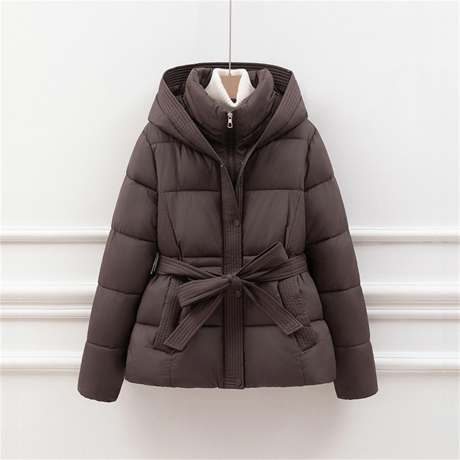 Winterjacken für Damen, kurze Steppjacke mit Gürtel, lässig, langärmelig, gepolsterter Daunenmantel, warme Oberbekleidung