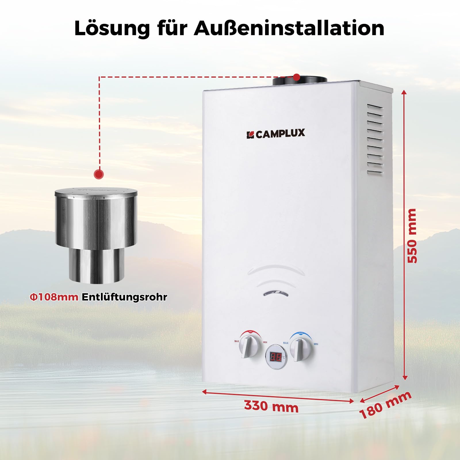 CAMPLUX BW264C-DE 10 Liter Gasdurchlauferhitzer mit Regenkappe, 50mbar Tankless Outdoor-Instant-Gasdusche für Pferd Waschen Camping RV Reise