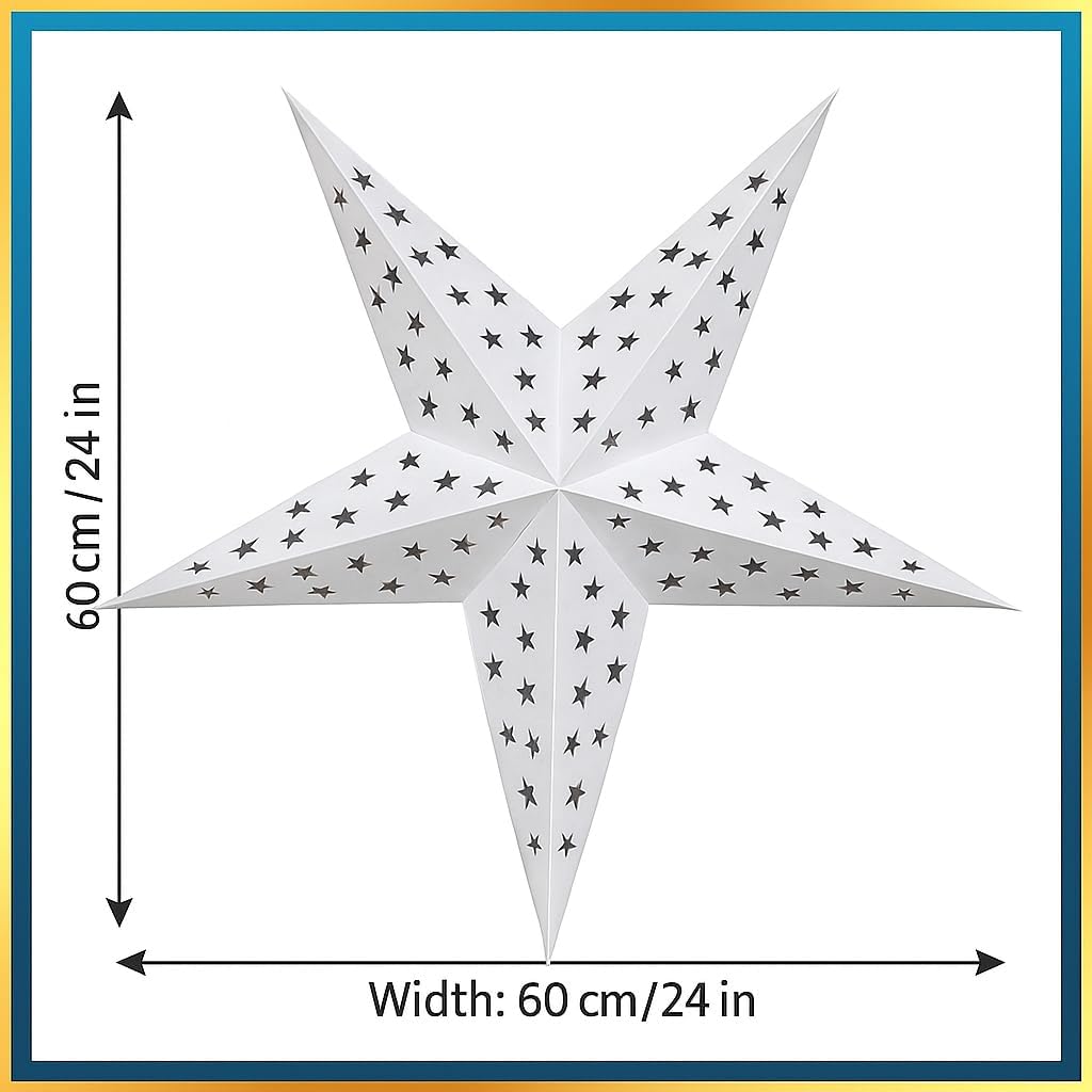 Paper Star Lantern Lampshade, 24 Inch, 5 Pointed, Foldable, Hanging Decoration for Christmas, Wedding, Birthday Party, Home (3, White)