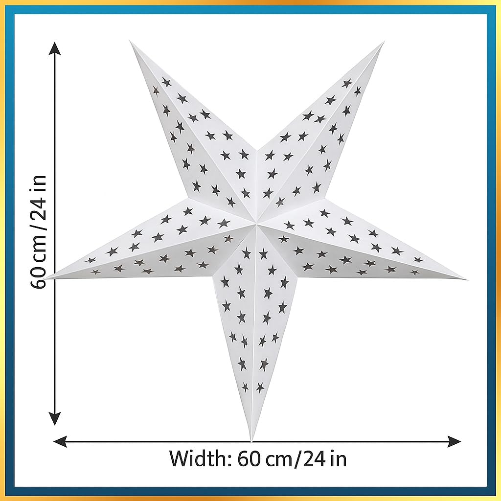 Pantalla de luz de estrella de papel blanco de 60 cm, farol colgante para decoración de ventanas de Navidad, fiestas, bodas y decoración del hogar, estrella plegable de 5 puntos (3)