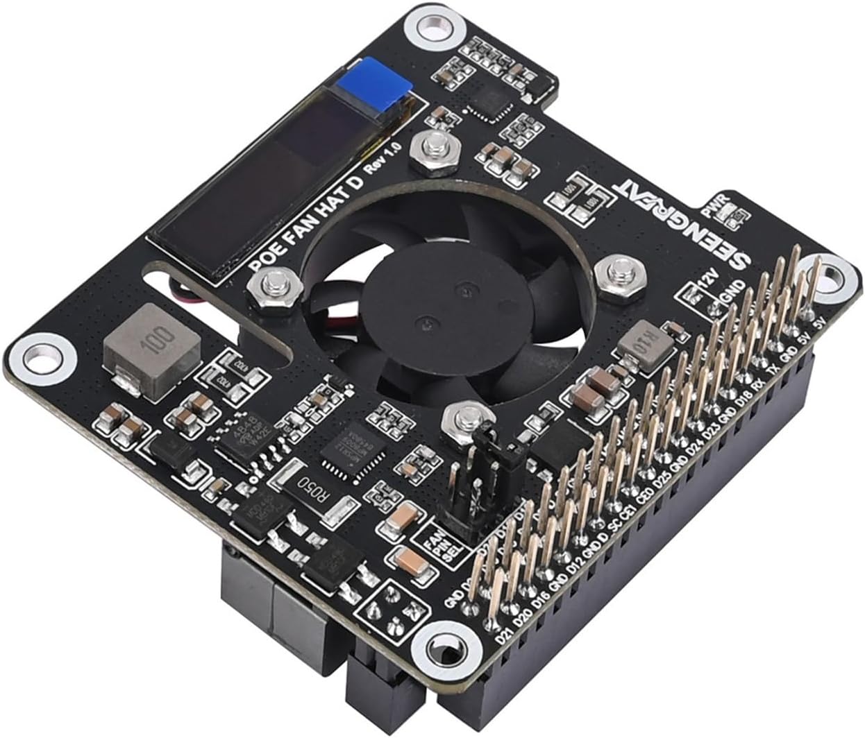 PoE Power Supply and Cooling HAT Board with OLED Display, Adjustable Fan, Fits Raspberry Pi 4B/3B+ POE HAT, Supports 802.3af/at Network Standards for Enhanced Heat Management