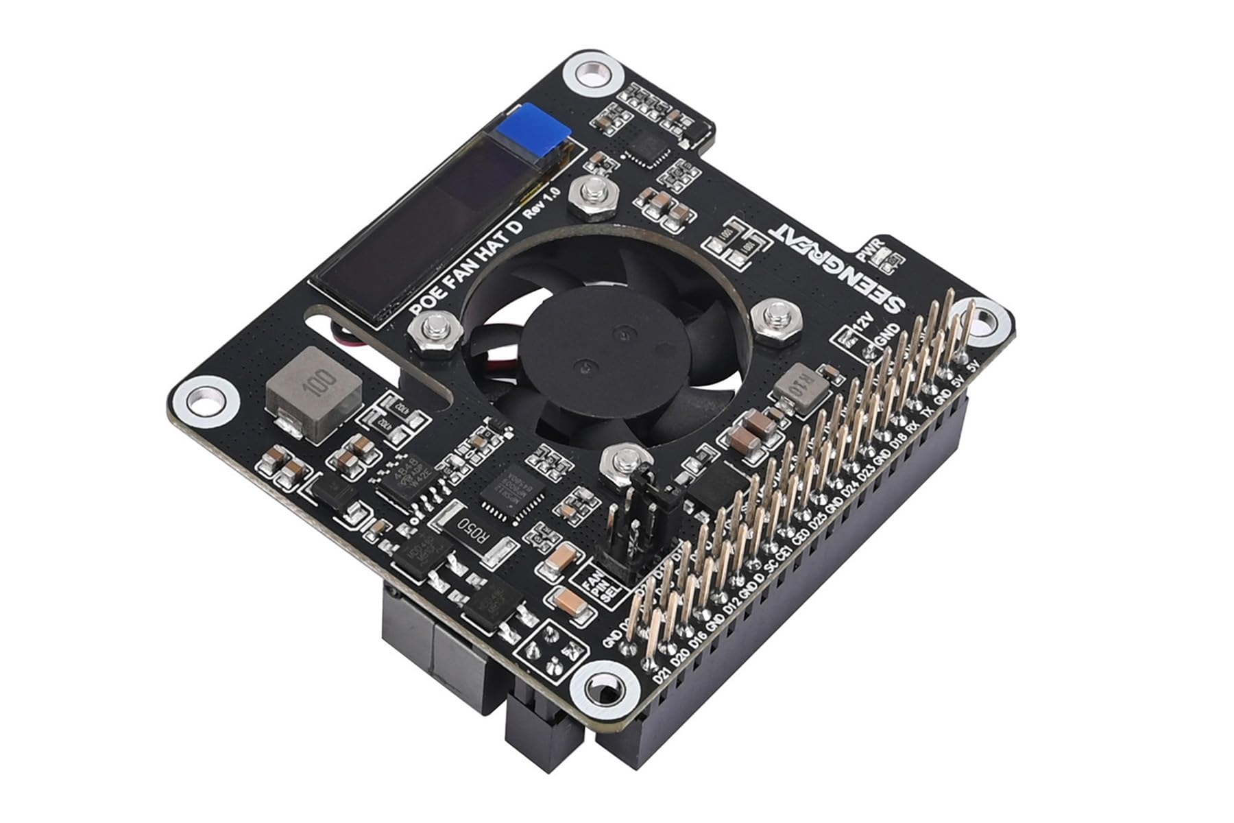 PoE Power Supply and Cooling HAT Board with OLED Display, Adjustable Fan, Fits Raspberry Pi 4B/3B+ POE HAT, Supports 802.3af/at Network Standards for Enhanced Heat Management