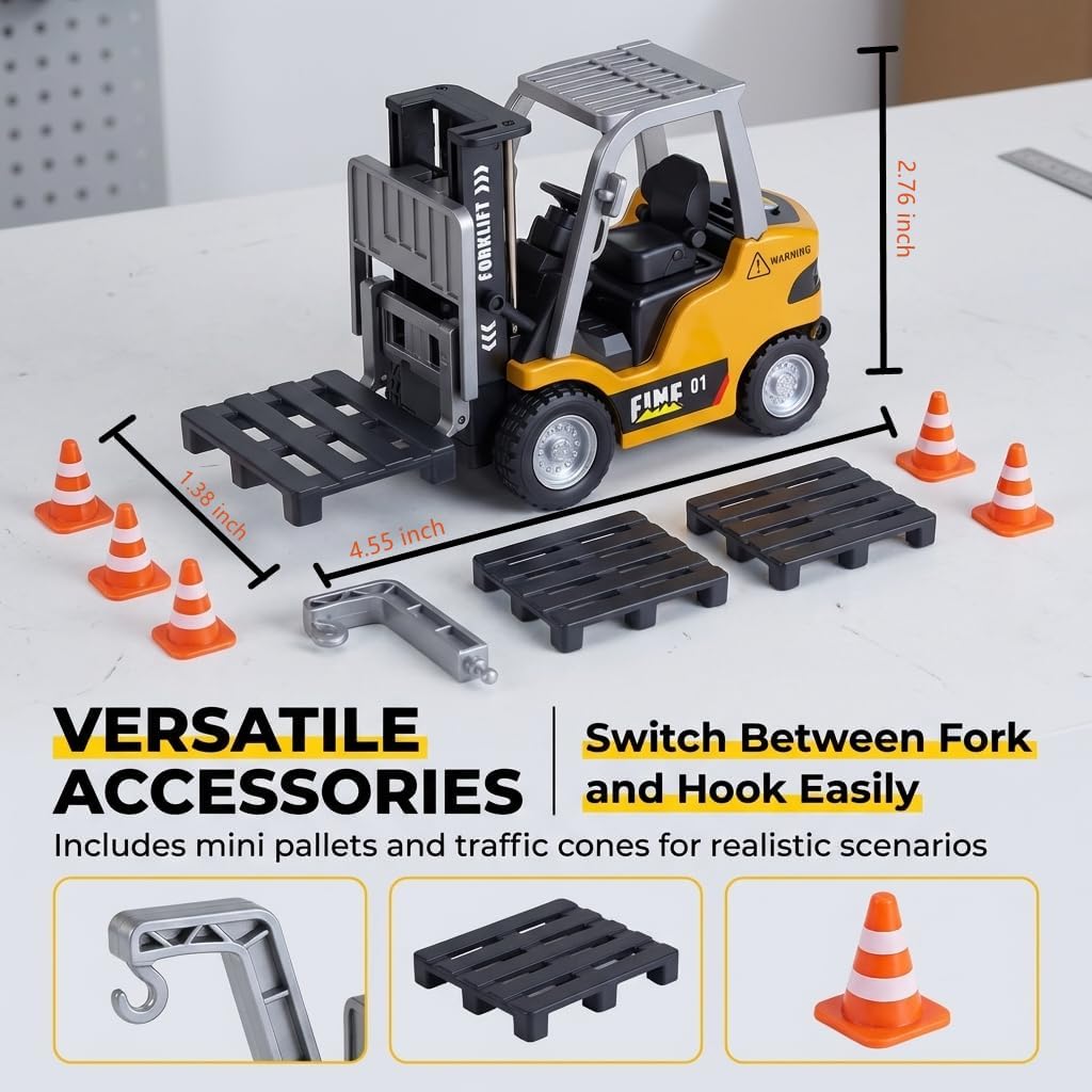RC Forklift Toy, Remote Control Construction Vehicle with Metal Forks & Crane Hook, Lights and Sounds, 1/64 Scale 6-Channel Heavy Duty Engineering Truck Birthday Gifts for Boys Kids Age 6-12