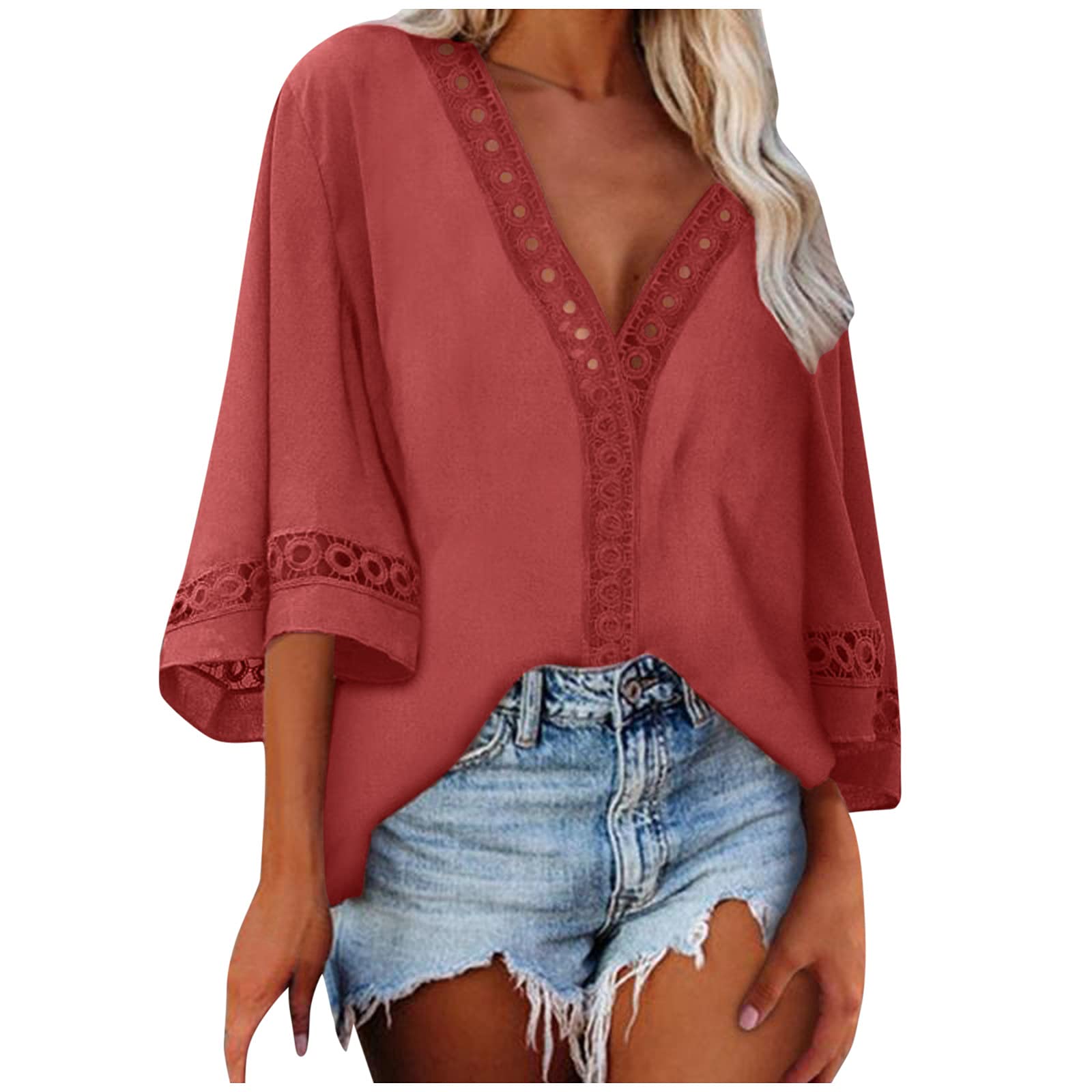 MEEYESUY Women's Cute Hollow Lace 3/4 Bell Sleeve V Neck Blouse Loose Casual Work Plain T Shirt Tops