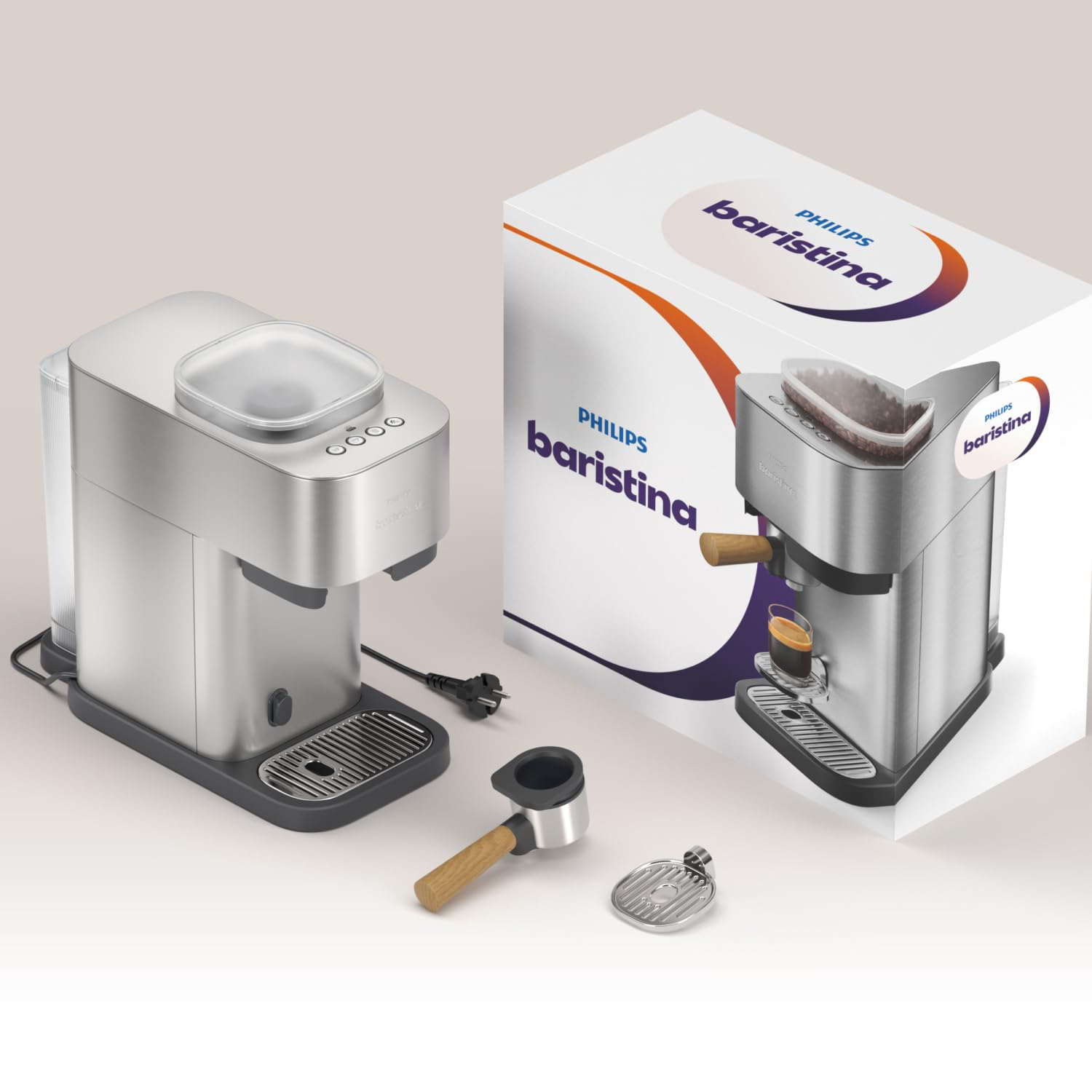 Philips Baristina Machine à espresso, cafetière à grain Métal + Porte-filtre Bois de Frêne, 16 bars, Nettoyage facile, Compacte, Espresso, Lungo, Café glacé (BAR500/00)