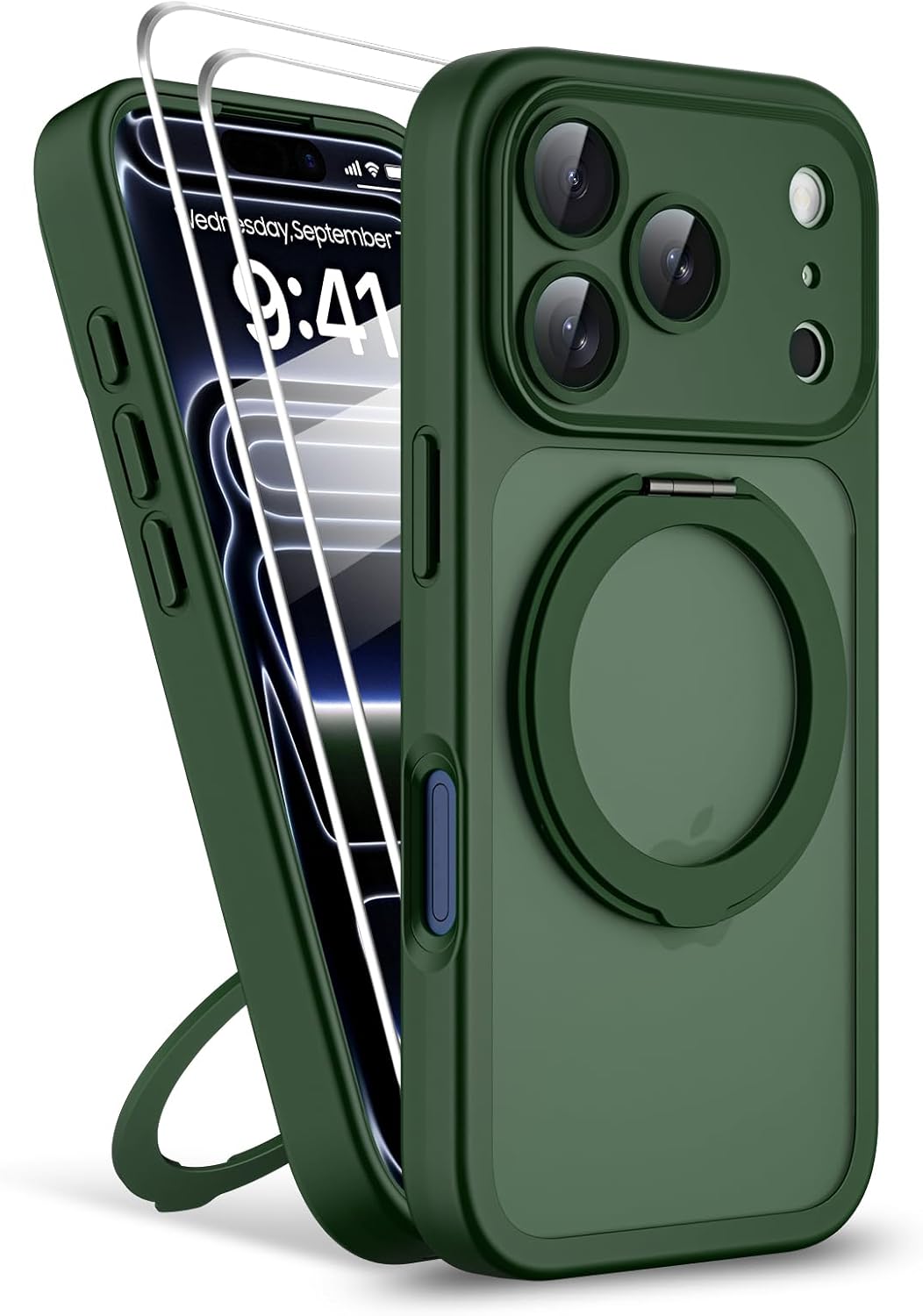 Magnetic for iPhone 17 Pro Case [2 x Screen Protector] Compatible with MagSafe Translucent Matte Military Grade 17 FT Drop Shockproof Full Camera Protection 360° Spin Stand Phone Cover Green