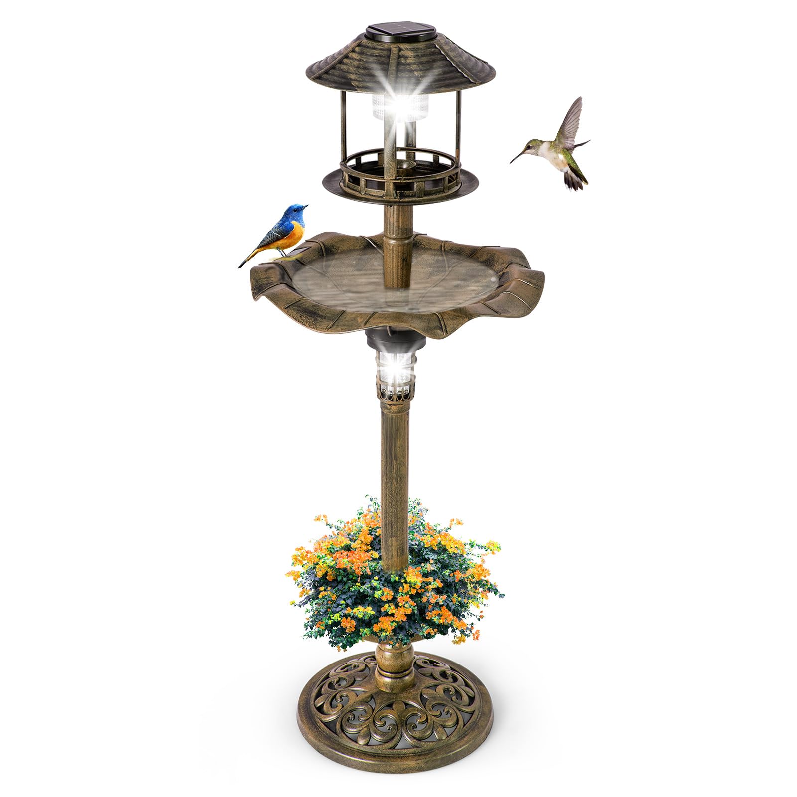 SOARS Mangeoire Oiseaux 2 Lampes à Energie Solaire Ø43 x 110H cm, Abreuvoir pour Oiseaux Sauvages Décoration pour Extérieur Style Antique Effet Bronze, Bain Oiseau pour Jardin, Balcon (Bronze Jaune) | Bain d'oiseaux antirouille avec pot de fleurs et mange
