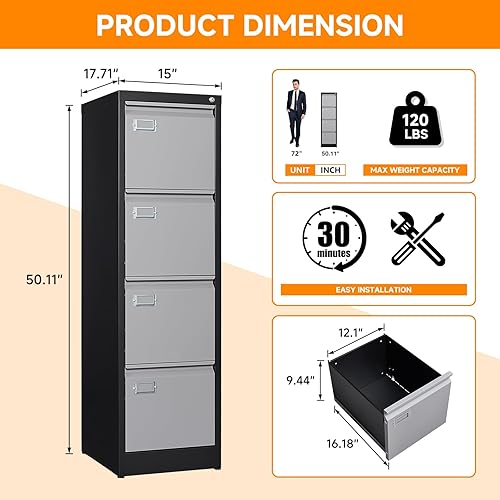 Miniatura 3 de Armario de almacenamiento vertical de metal, archivador de 4 cajones con cerradura, archivadores verticales de 18 pulgadas de profundidad para