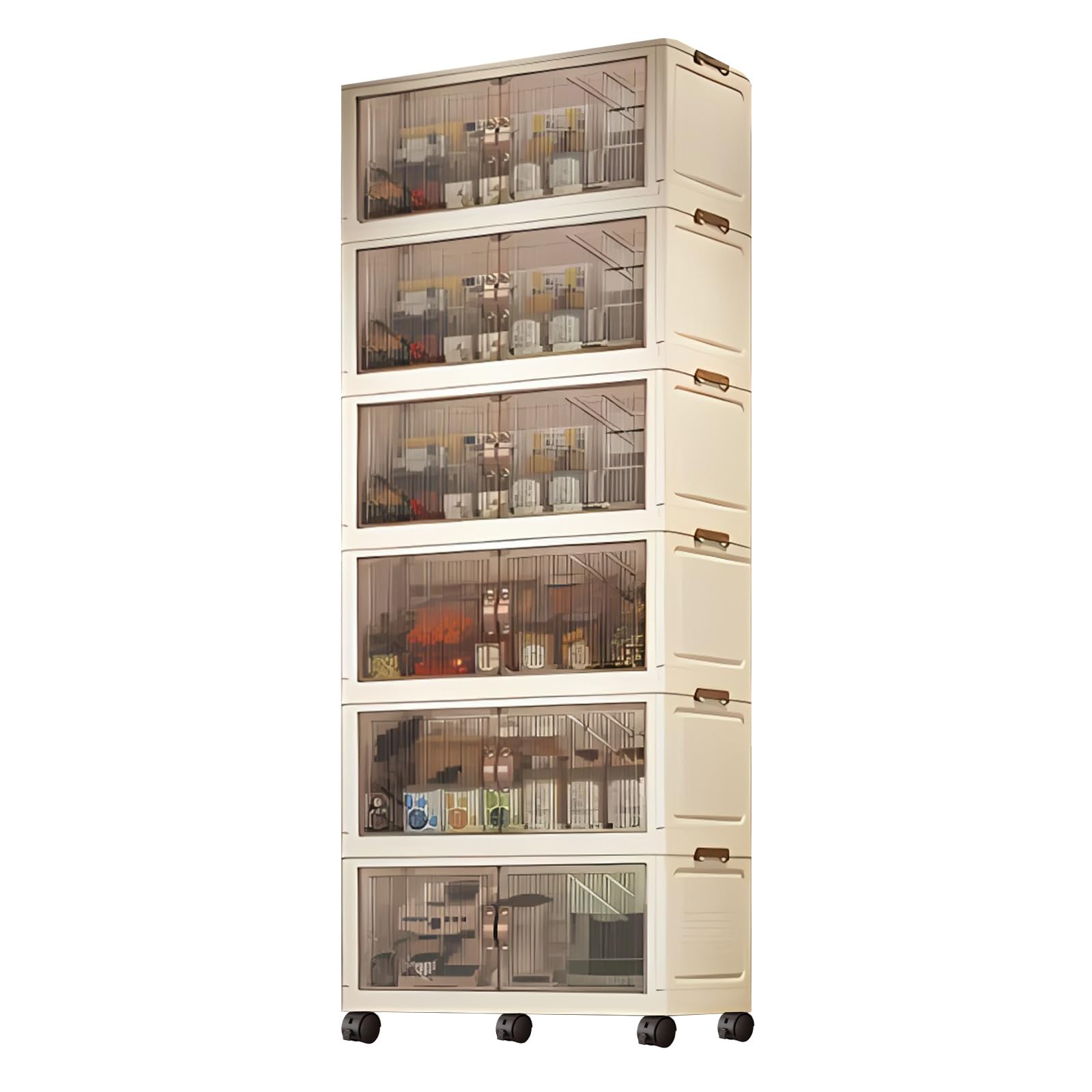 Plastic Storage Boxes with Lid - 44L*6 Stackable Storage Boxes on Wheels Foldable Plastic Drawers Collapsible Baskets Containers for Living Room Bedroom Organisation (6 Tier Transparent Large)